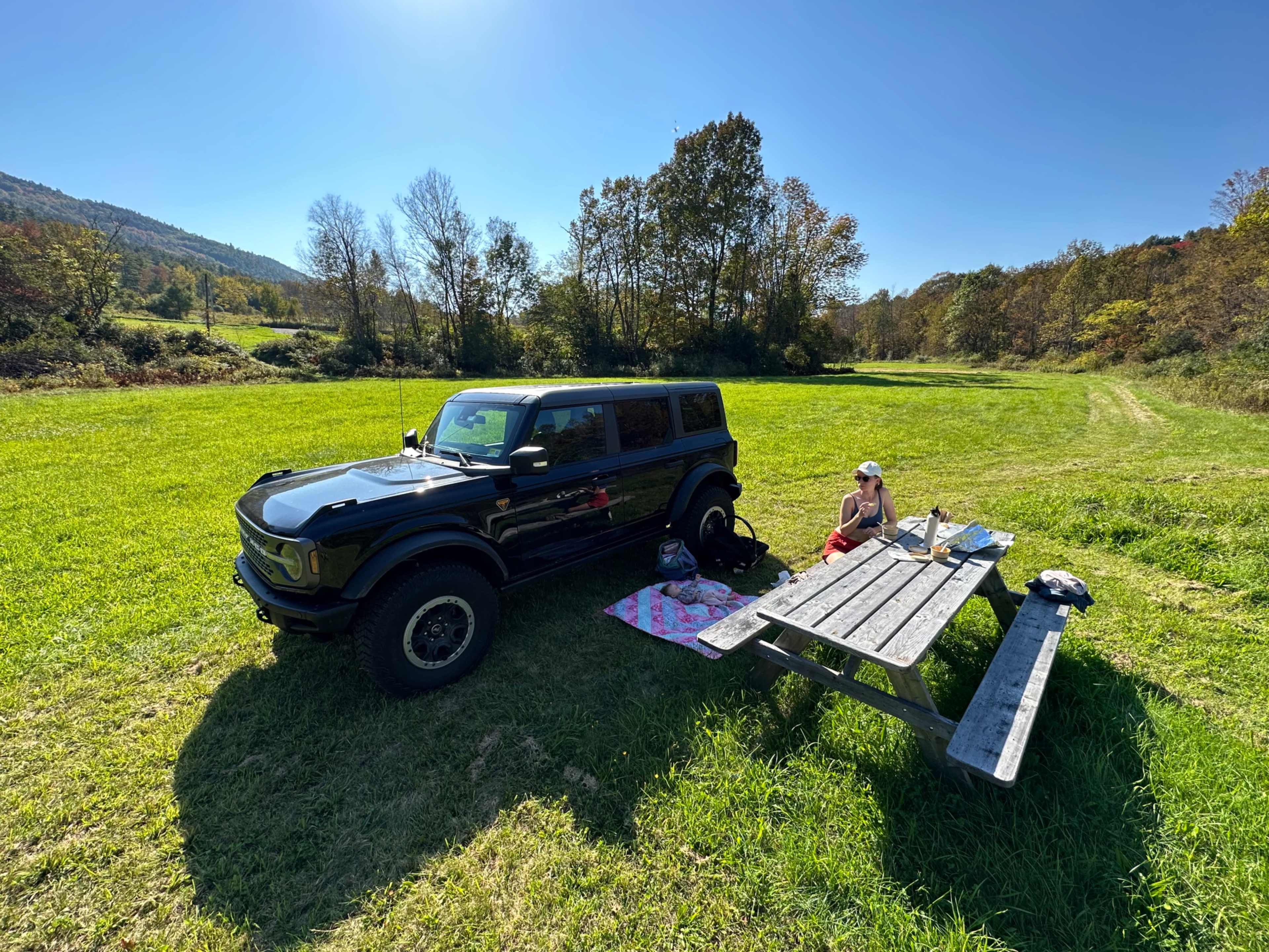 A black SUV is parked next to a picnic area with a table and a blanket spread out on the grass under a clear blue sky.