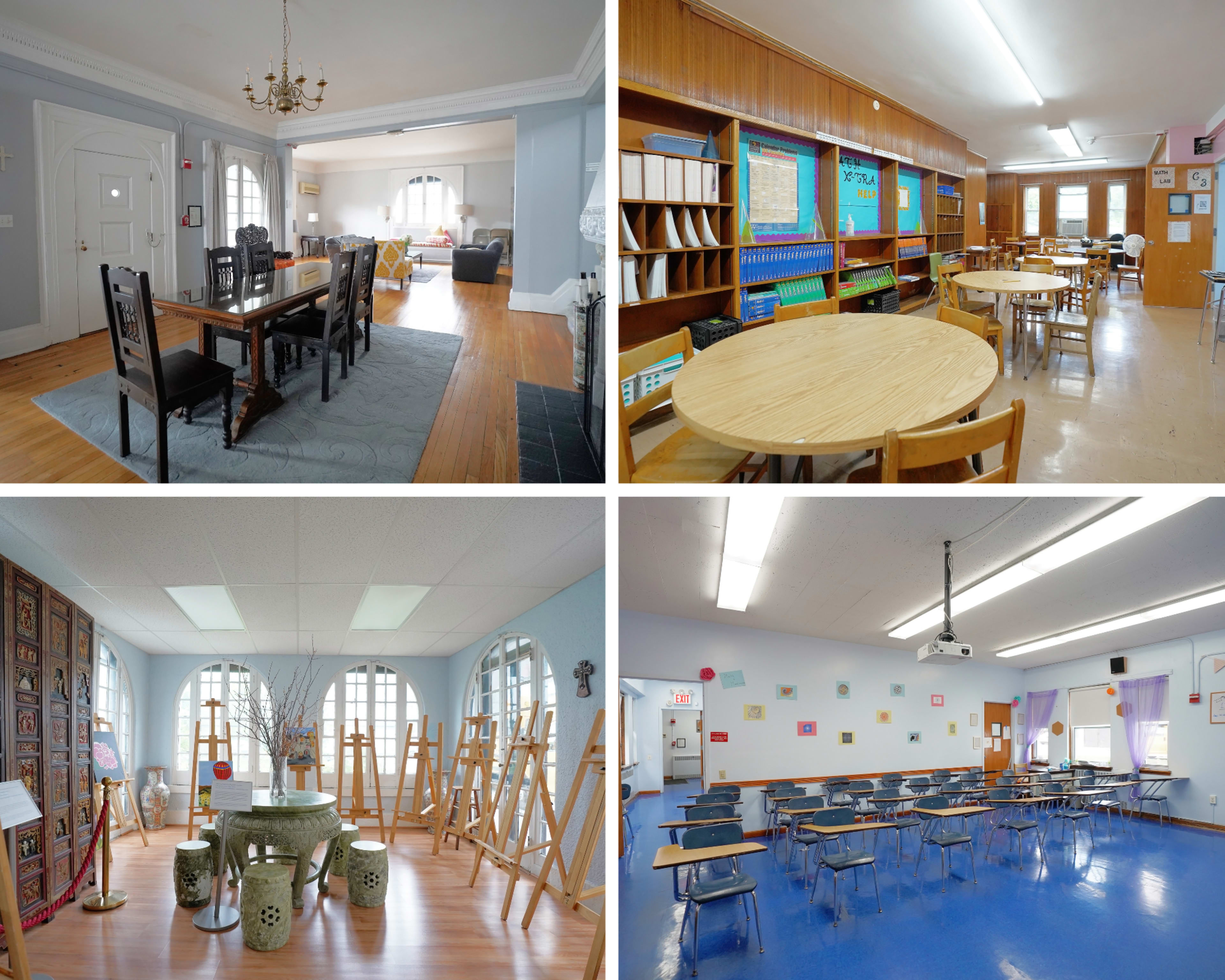 The image features four distinct rooms: an elegantly furnished living room with a dining area, a classroom with student desks arranged in a circle, an art space with easels and a decorative table, and another classroom with rows of desks and bright blue flooring.