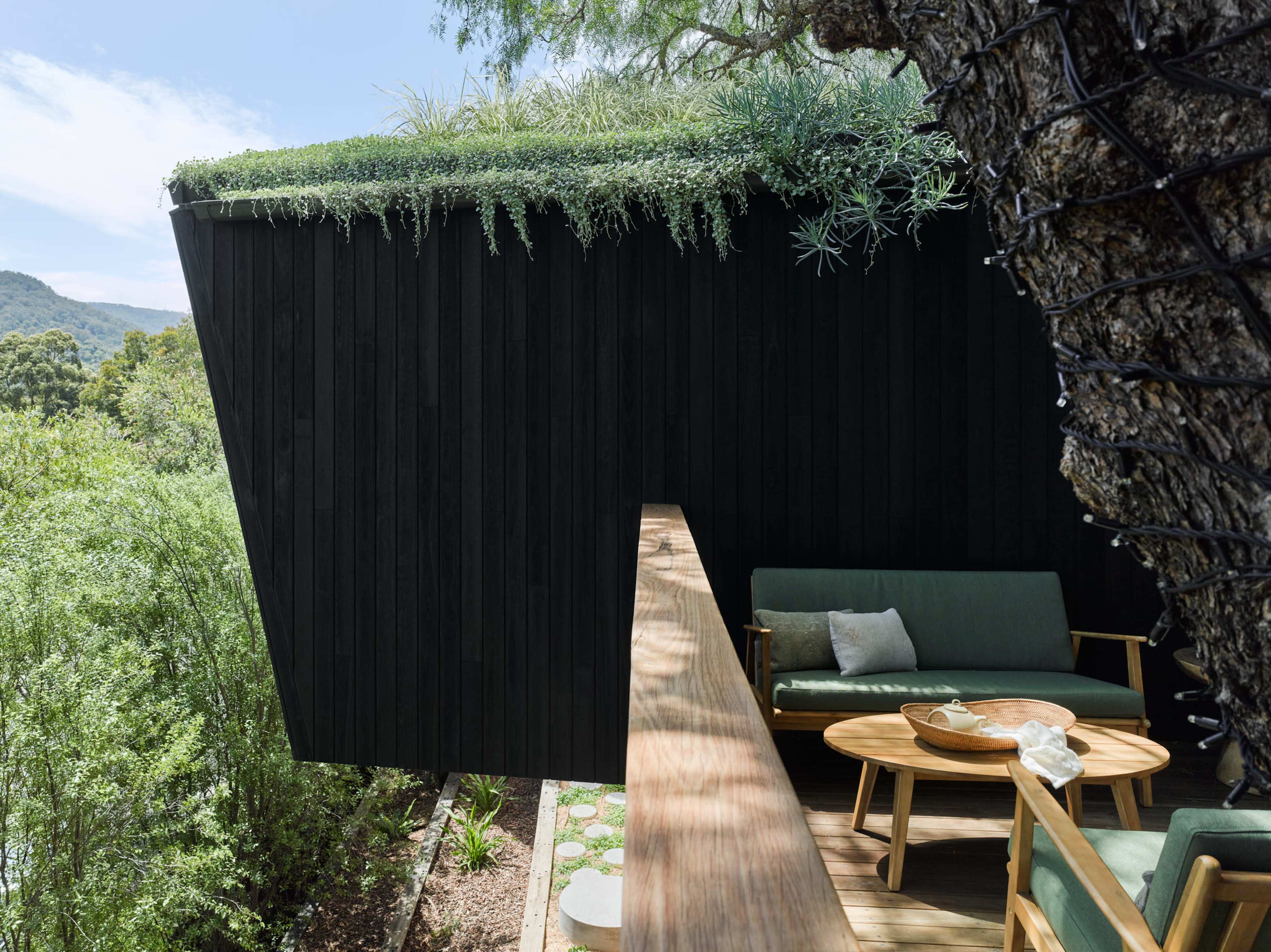 The image features a modern structure with a sloped green roof and dark wooden exterior, situated among lush vegetation and a wooden deck with outdoor seating.