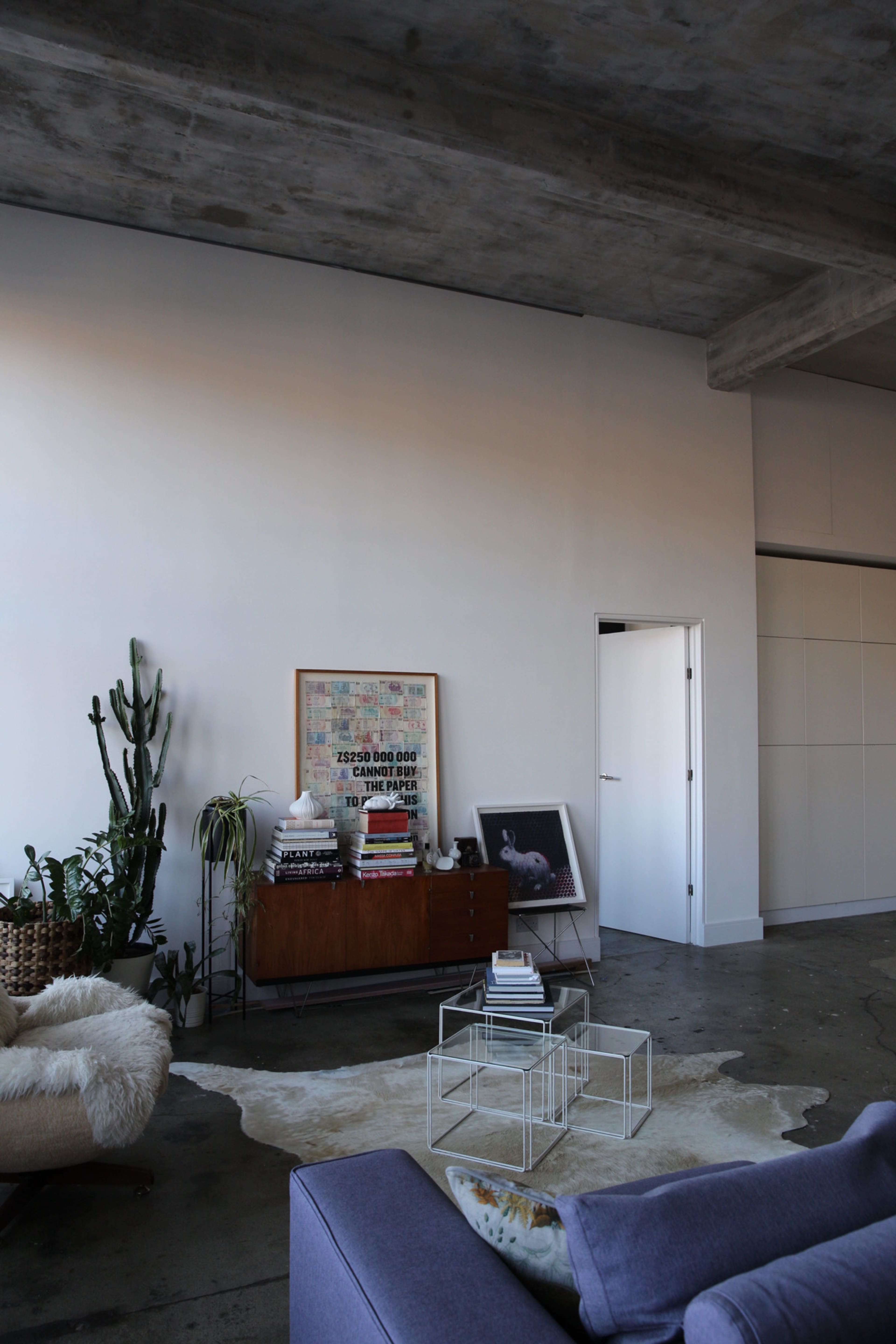 The image shows a modern living room featuring a purple sofa, a wooden sideboard with books and decor, a cowhide rug, and a large cactus plant against a plain white wall.