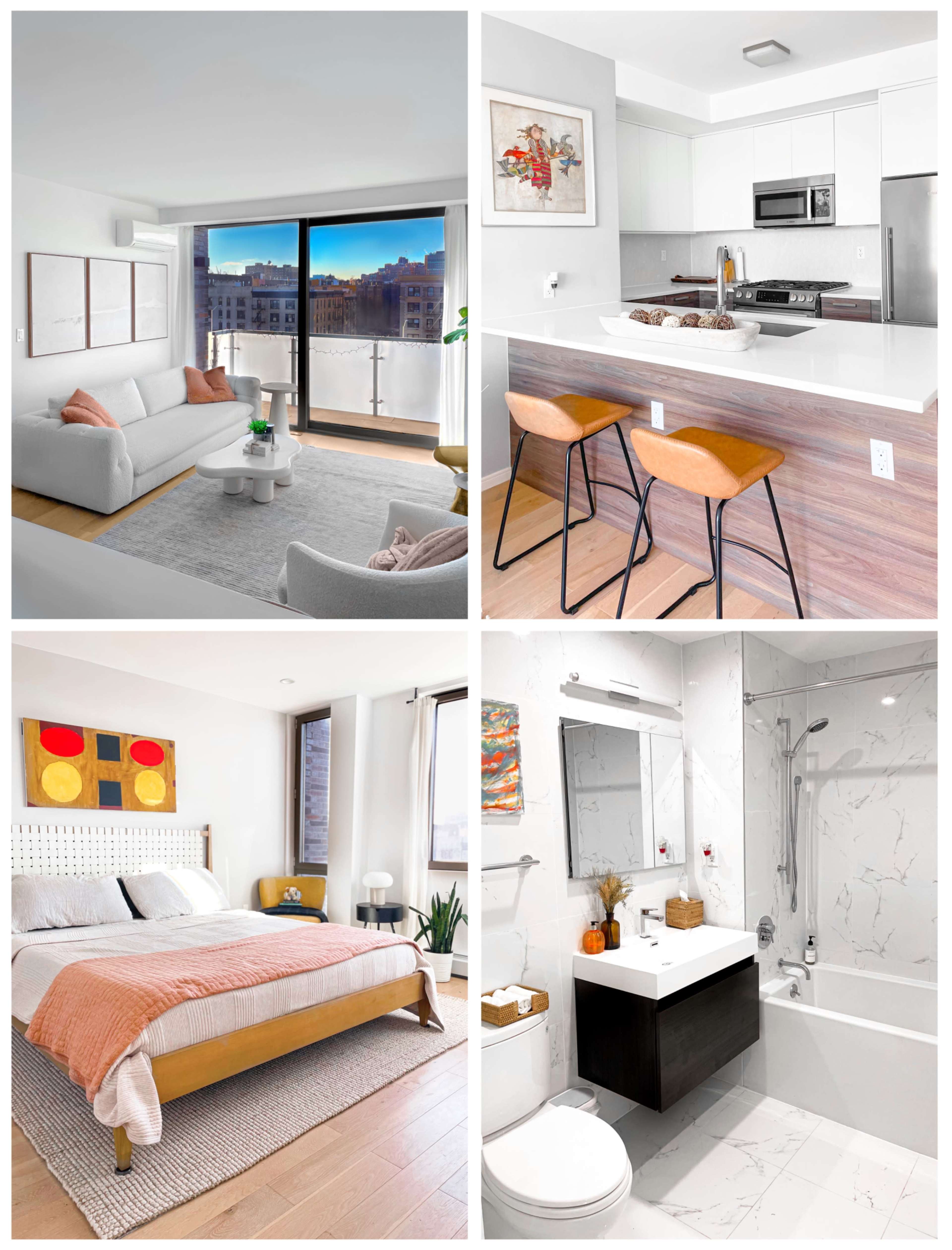 A modern apartment layout with a living room, kitchen, bedroom, and bathroom, showcasing large windows, contemporary furnishings, and clean lines.