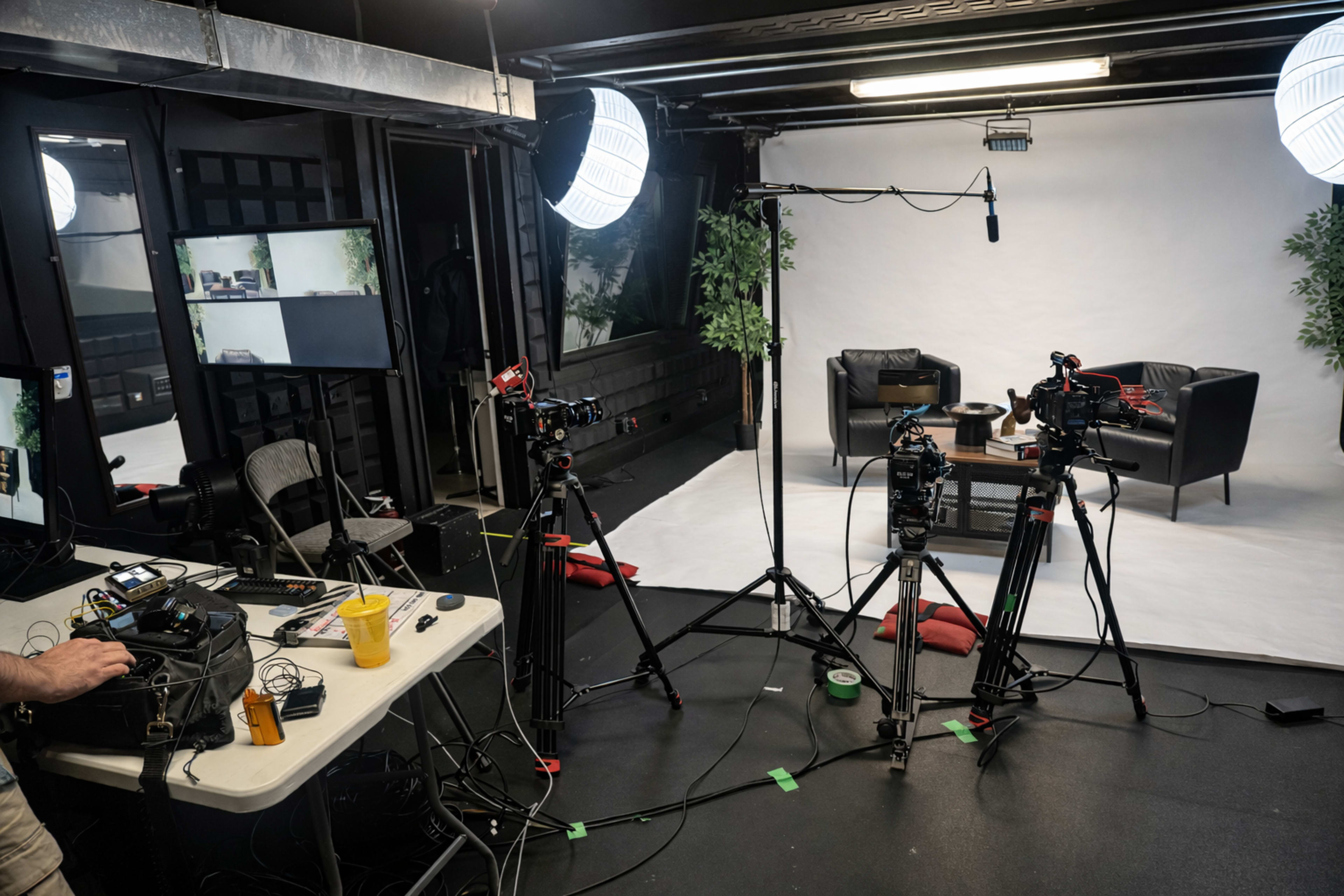 The image shows a video recording setup featuring three cameras on tripods, a control table with equipment, and a small studio space with a white backdrop, two black chairs, and artificial plants.