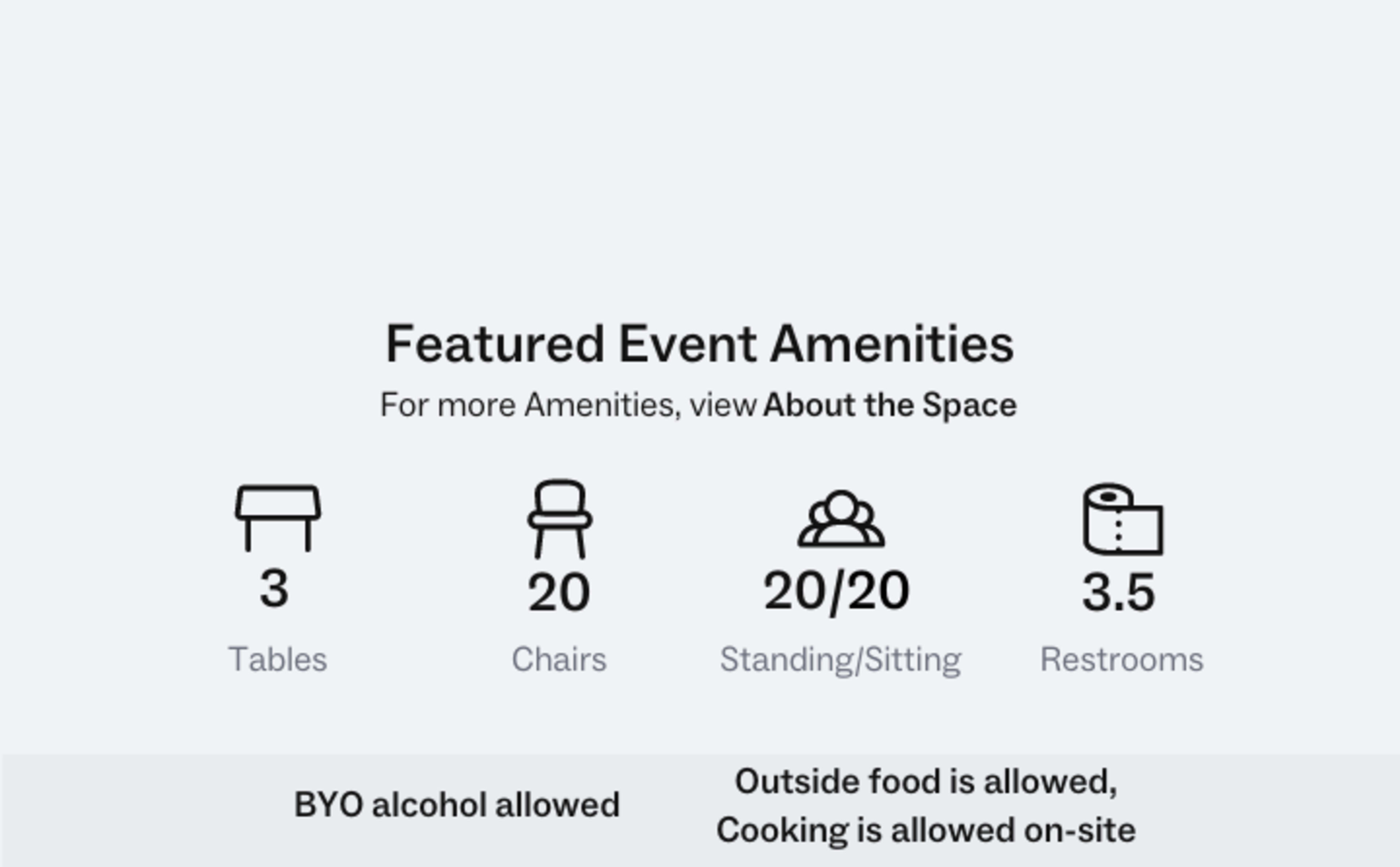 The image lists event amenities including 3 tables, 20 chairs, capacity for 20 people standing or sitting, and 3.5 restrooms.