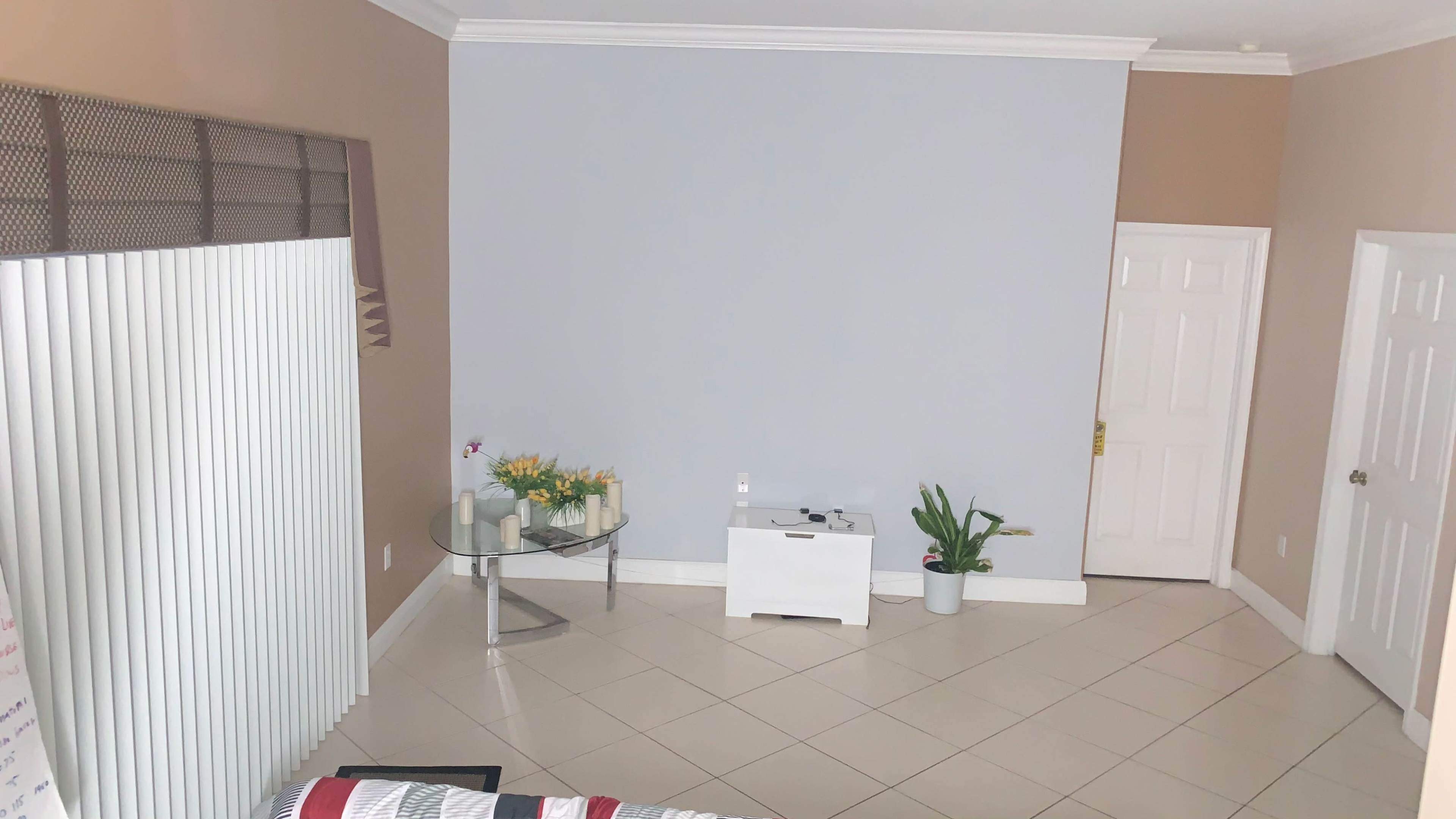 The image shows a sparsely furnished room with a light gray wall, beige accents, a small white cabinet, a glass side table with flowers, and a potted plant in the corner.