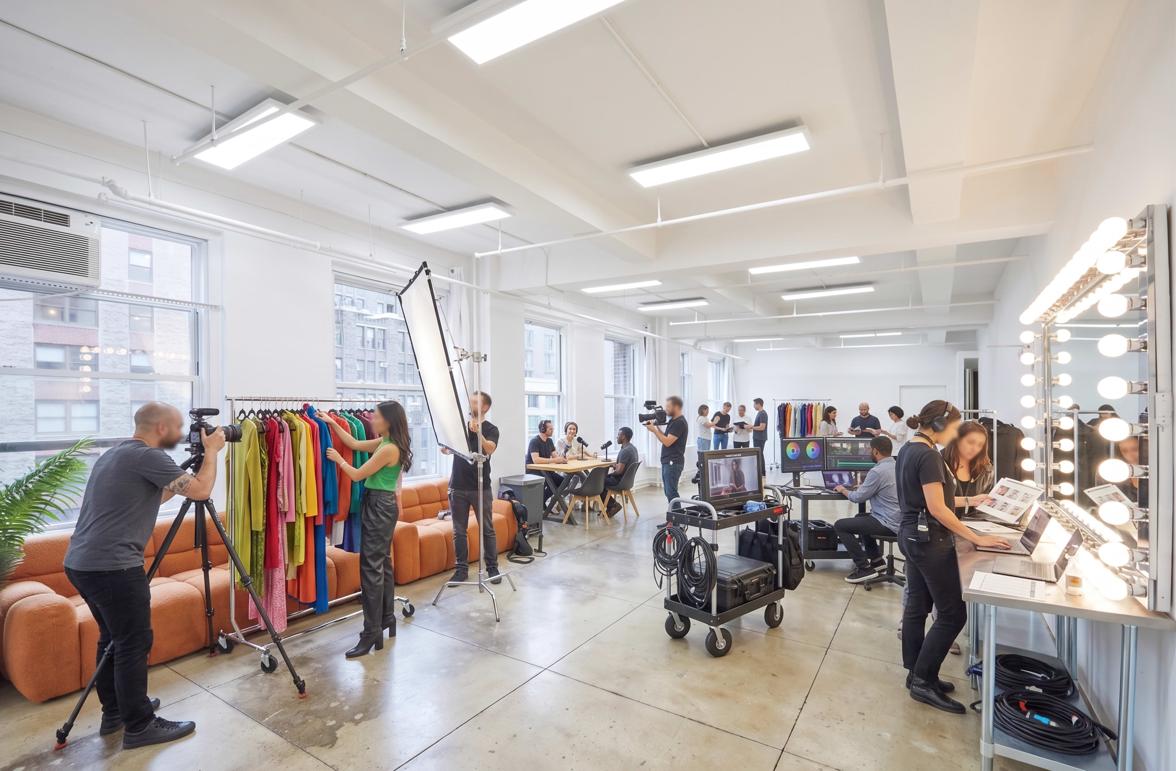 A fashion photoshoot is taking place in a studio with colorful clothing displays, photographers, models, and a team of crew members working at various stations.