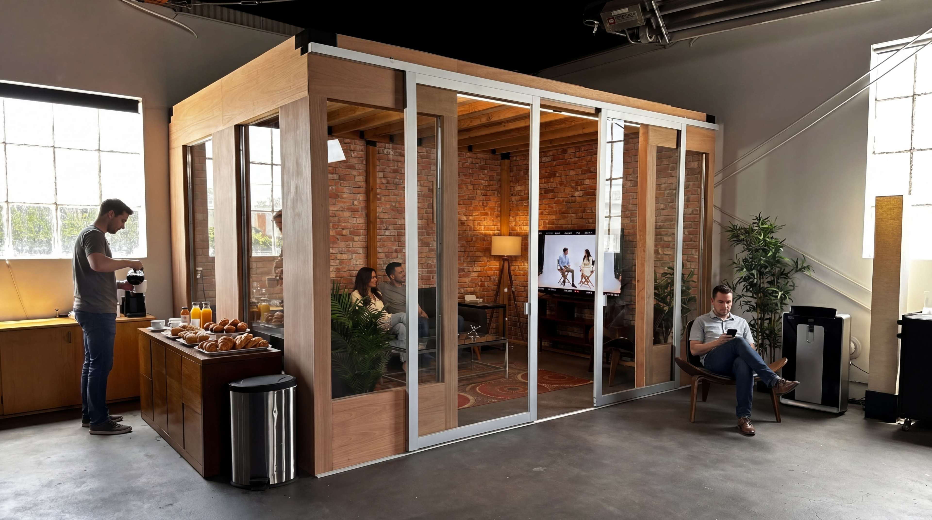 A modern office space features a glass-enclosed meeting room, with people inside watching a screen and others enjoying refreshments nearby.