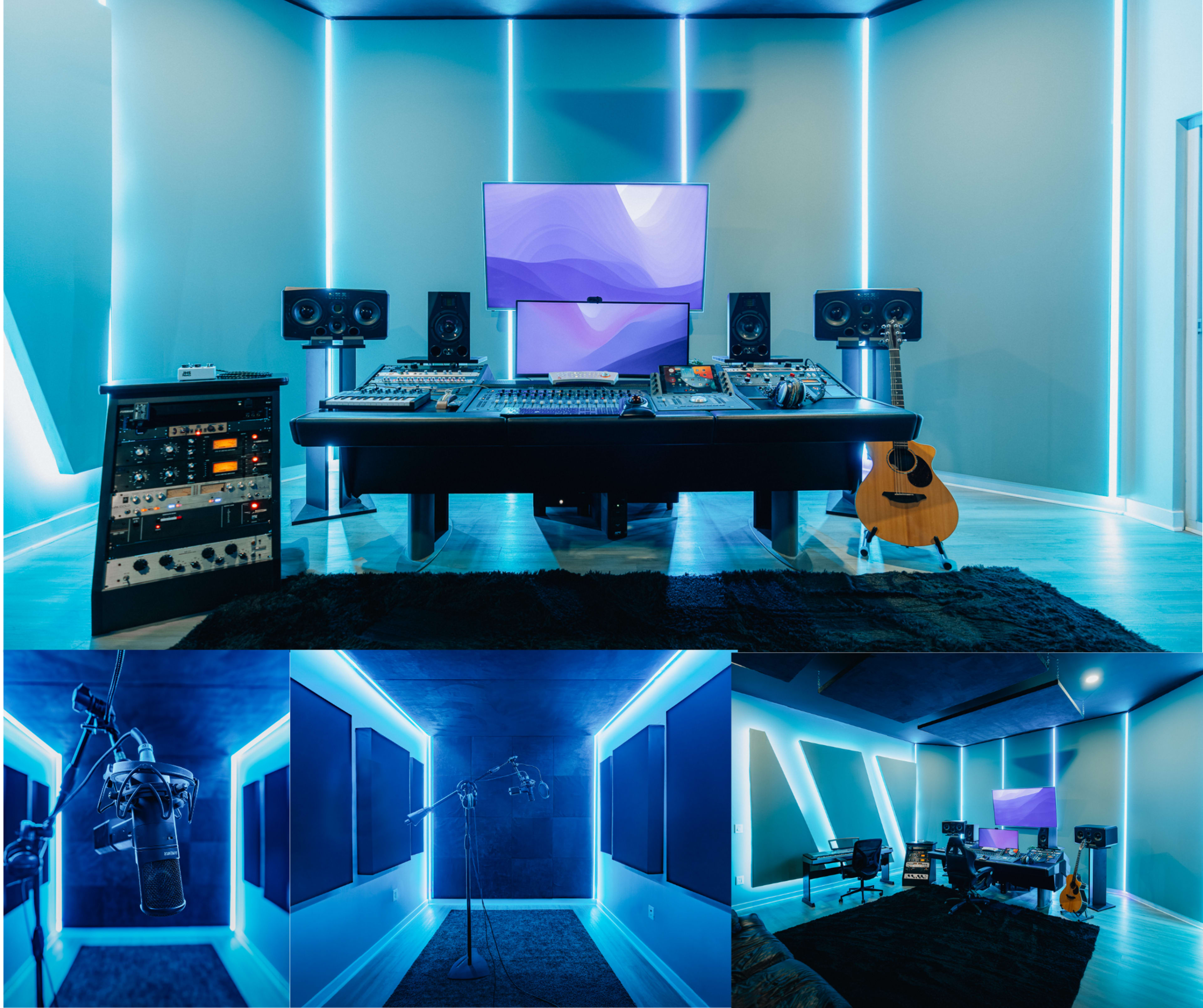 The image shows a modern recording studio featuring a central mixing console, audio equipment, speakers, a guitar, and illuminated blue accents on the walls.