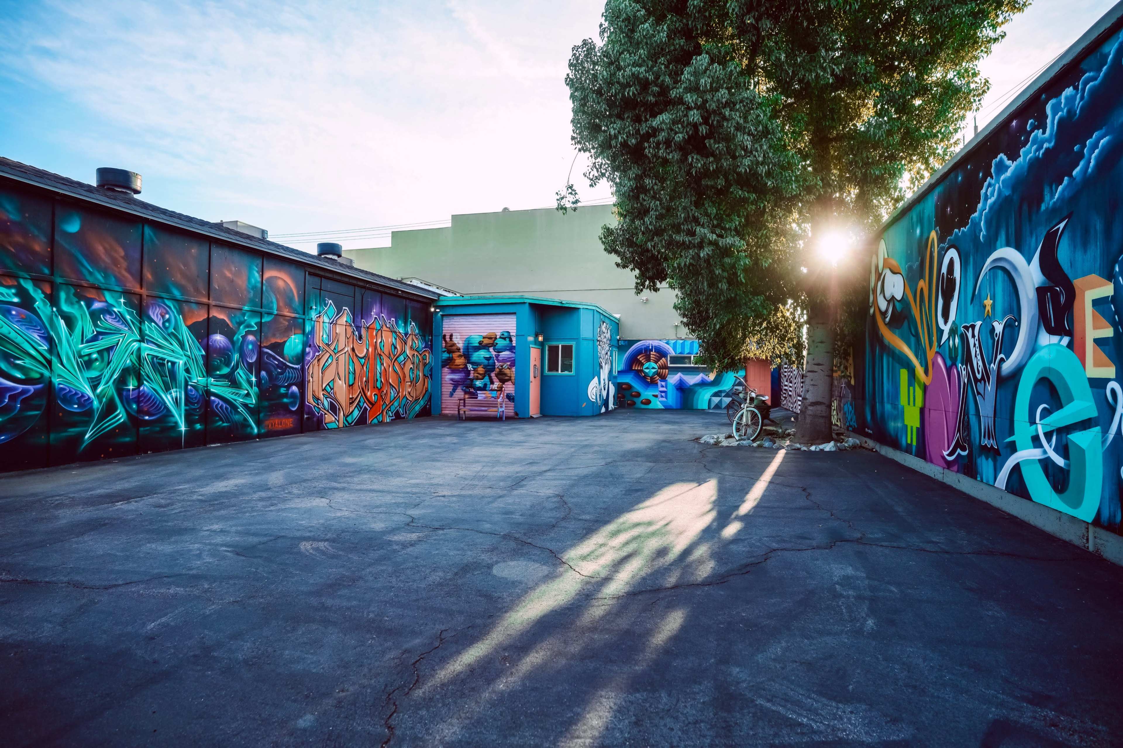 A colorful alleyway with vibrant graffiti on the walls, a blue building at the center, and sunlight filtering through a large tree.