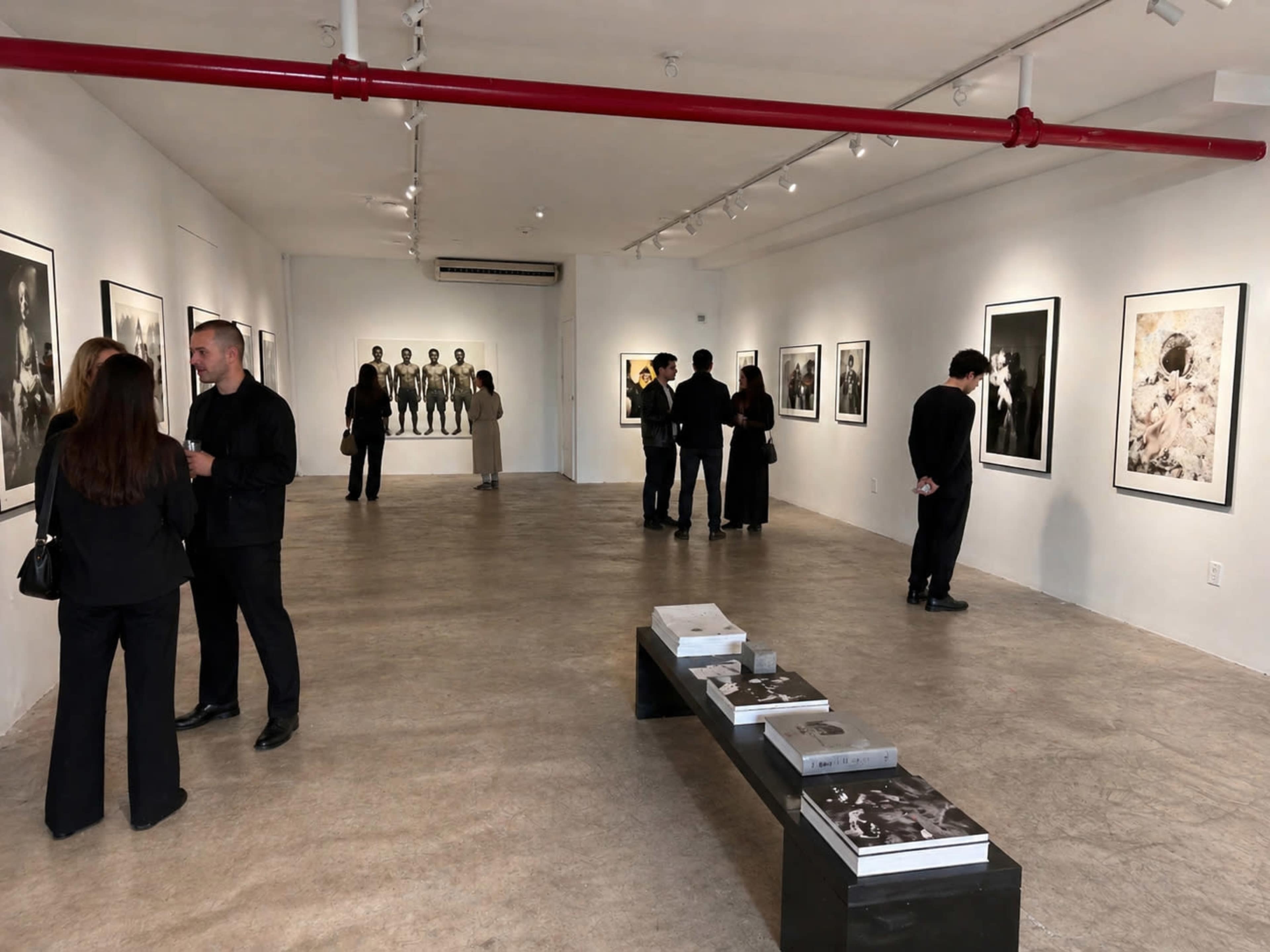 The image shows an art gallery with several visitors observing black-and-white photographs displayed on the walls.
