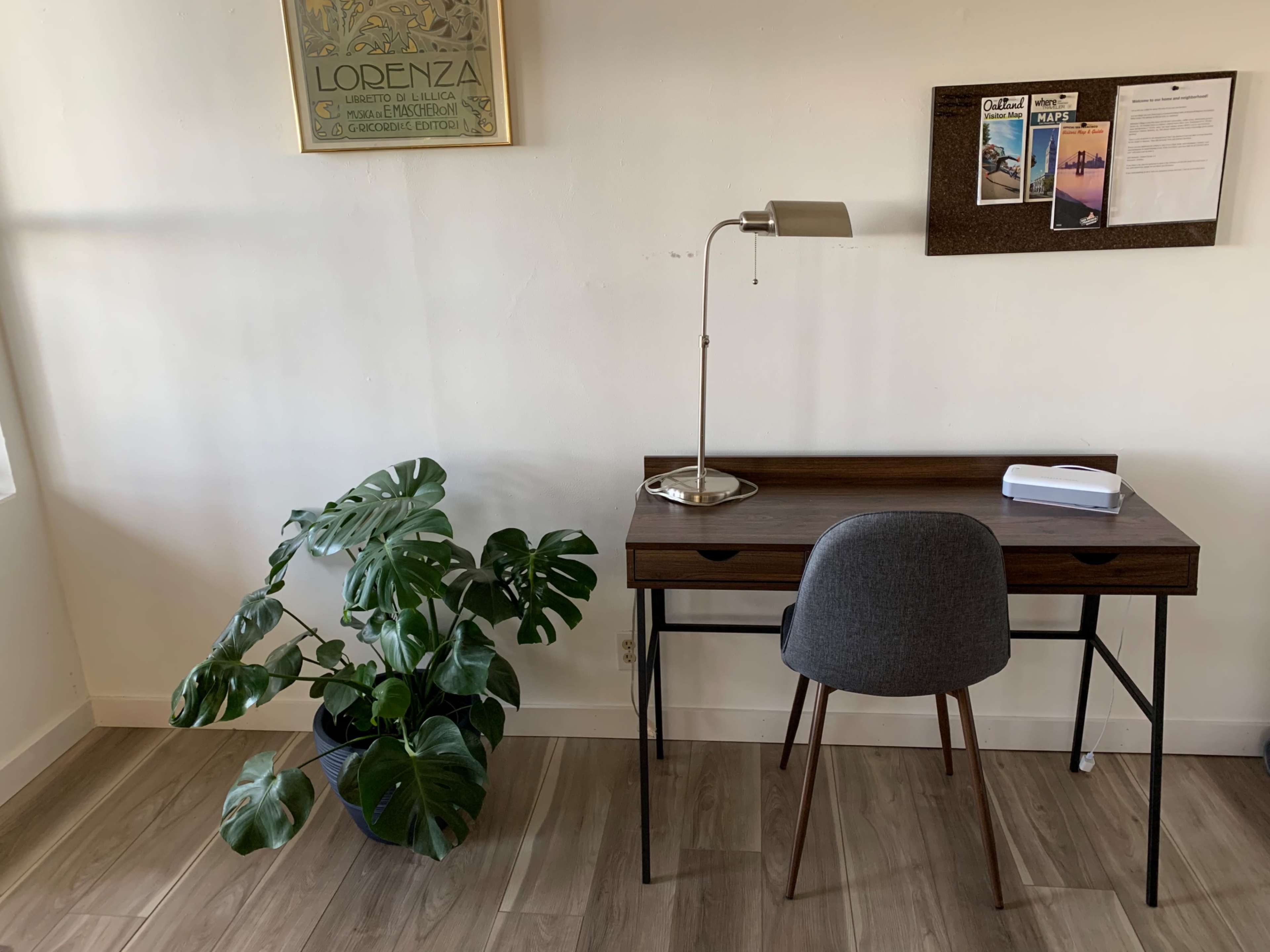 A wooden desk with a lamp and a chair is positioned next to a plant in a well-lit room with a wall-mounted bulletin board.