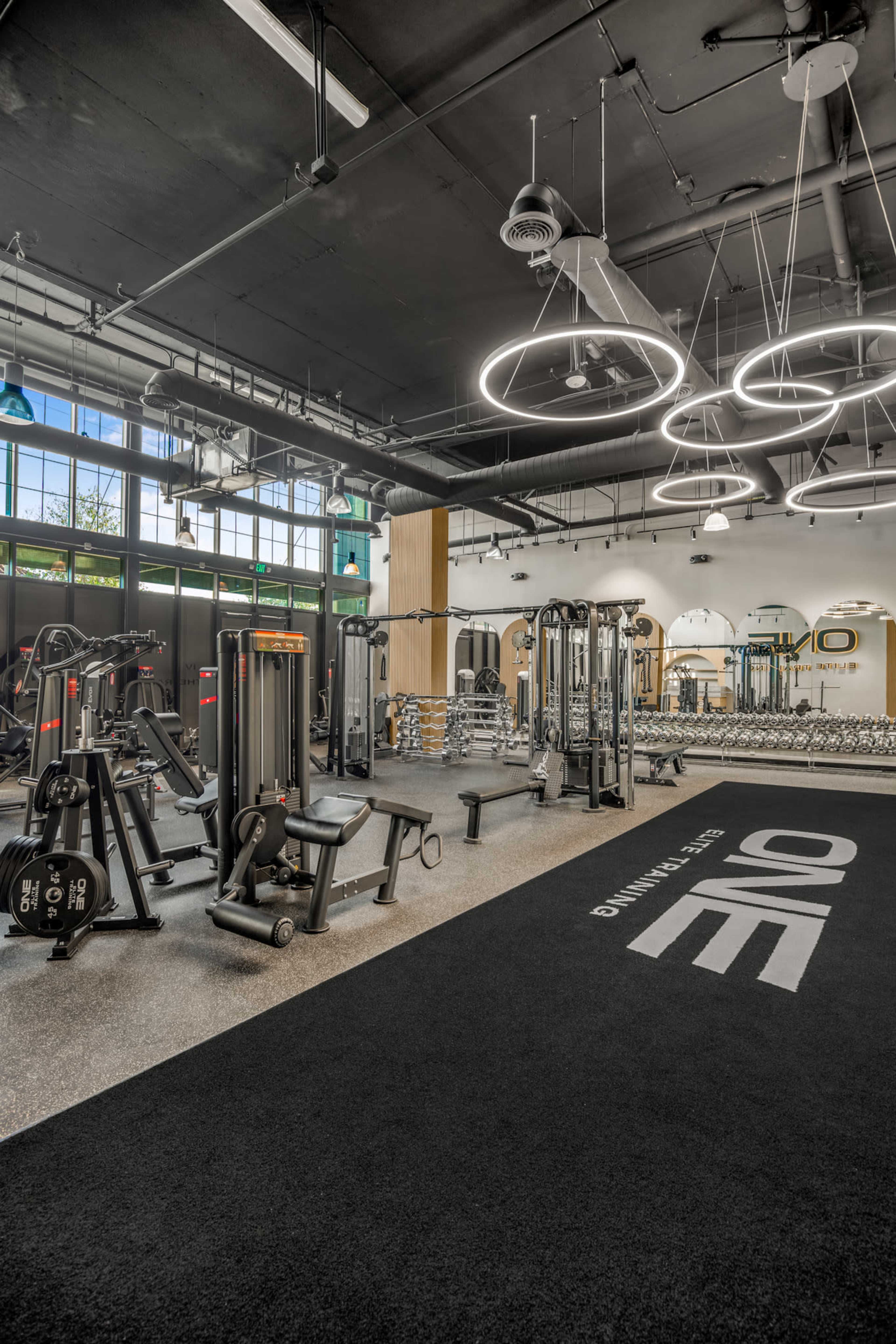 The image shows a modern gym interior featuring various exercise machines, free weights, and circular overhead lights.