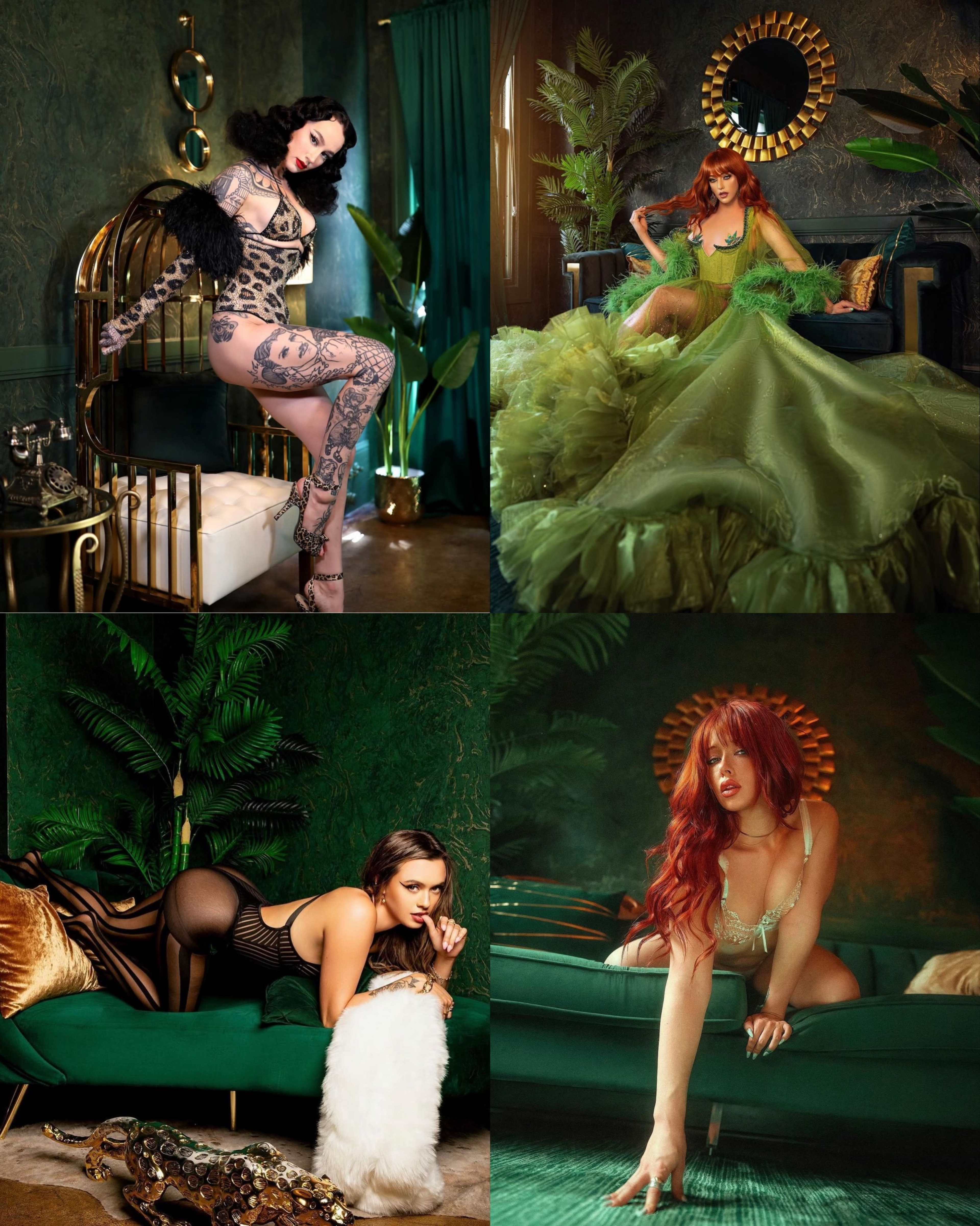 The image features four distinct scenes of women posing in luxurious, stylish settings with rich green decor and various outfits.