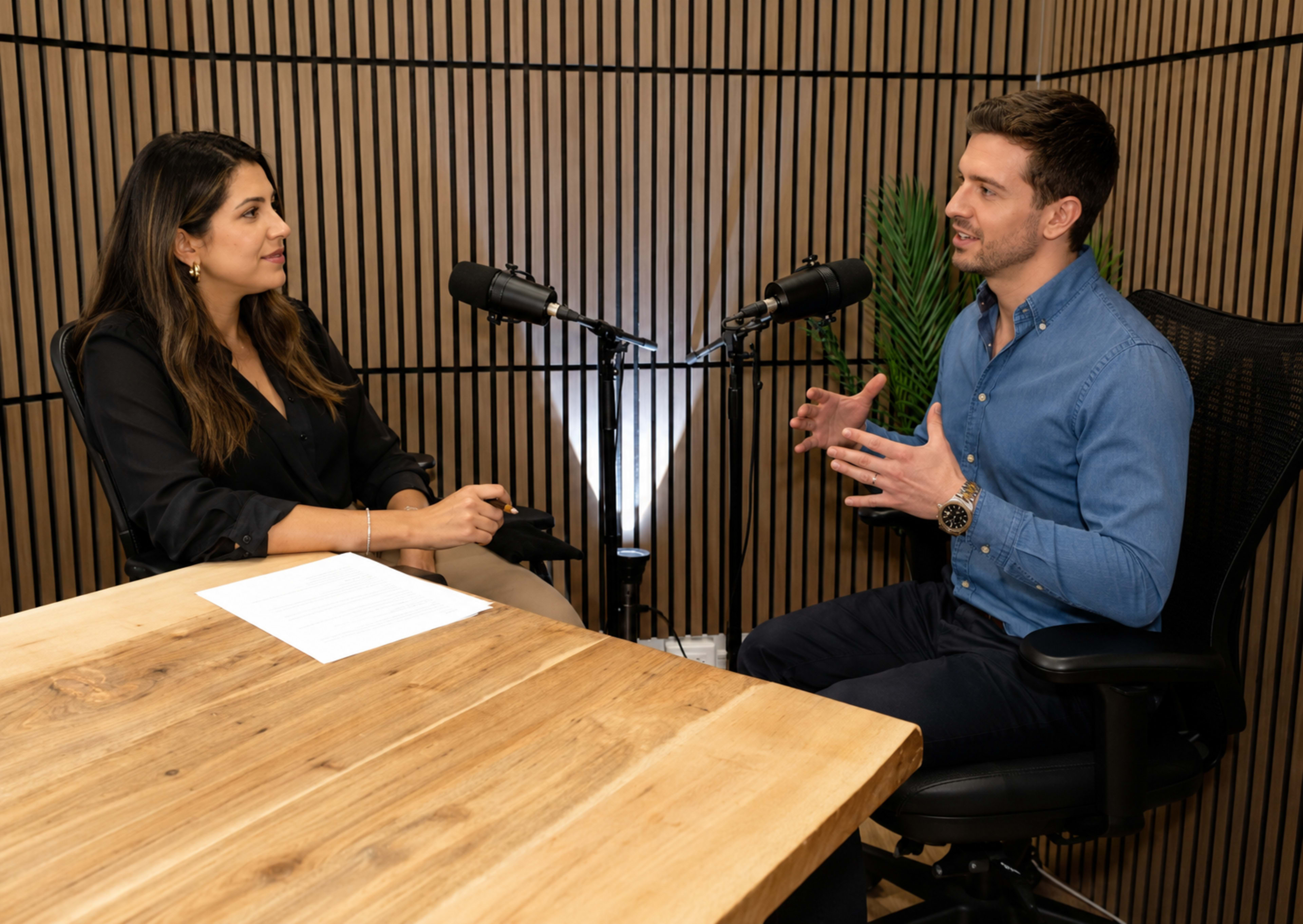 Two individuals are seated at a wooden table in a room designed for recording, with microphones positioned in front of them.