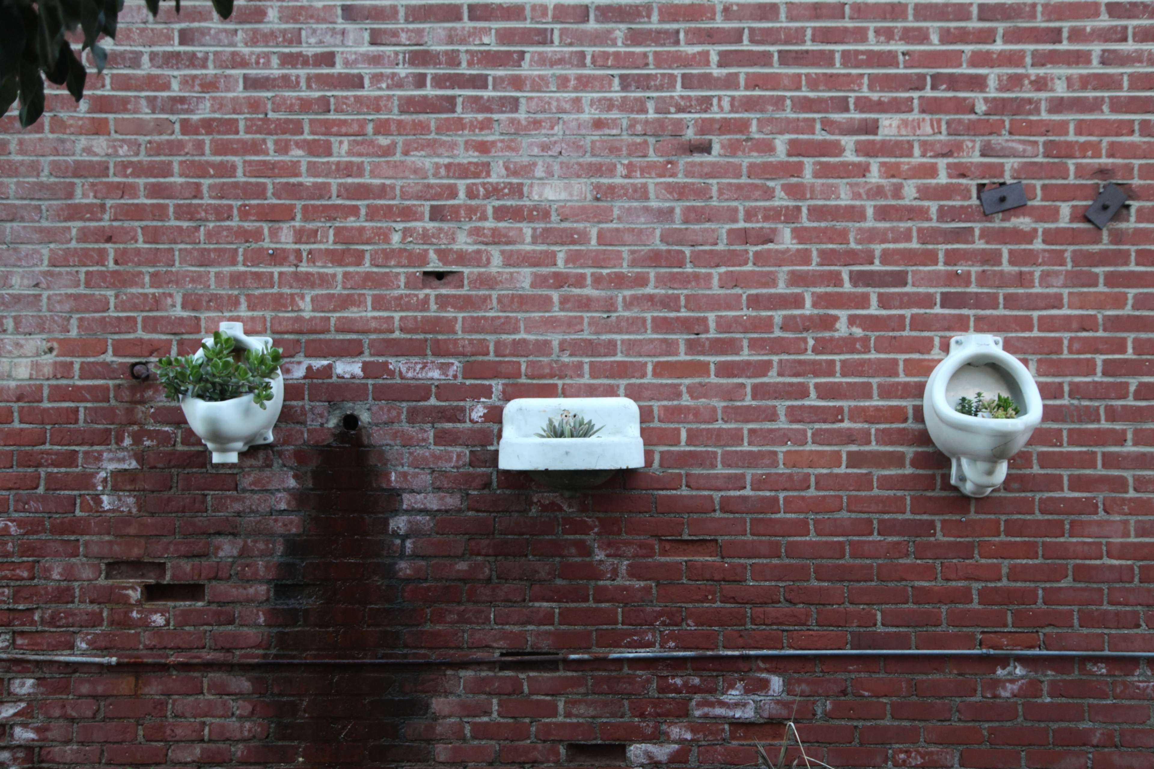 Three white urinals mounted on a brick wall, each containing small plants.