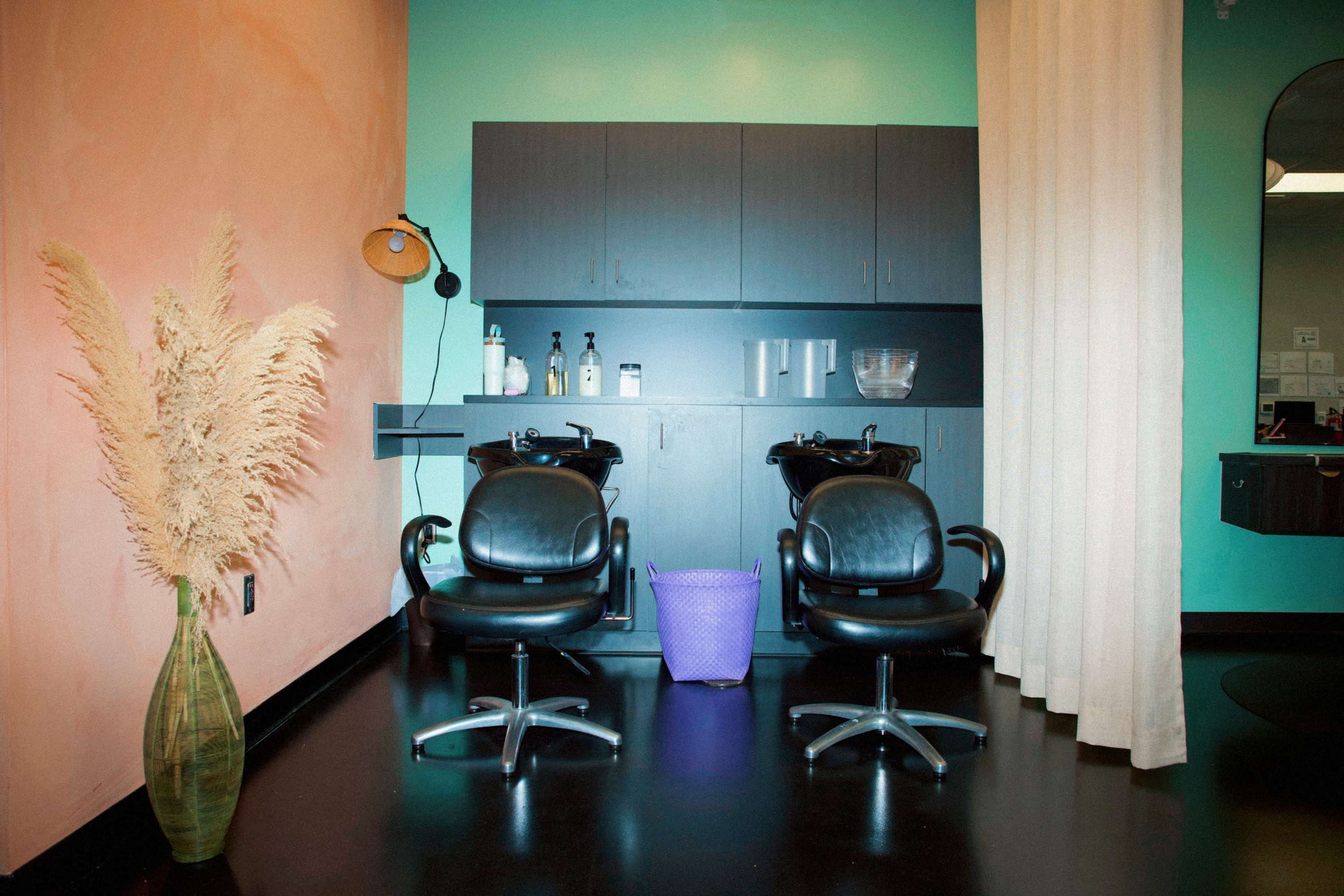 The image shows a modern hair salon interior with two black salon chairs facing a countertop against a mint green wall, featuring a large plant in a vase and a purple basket on the floor.