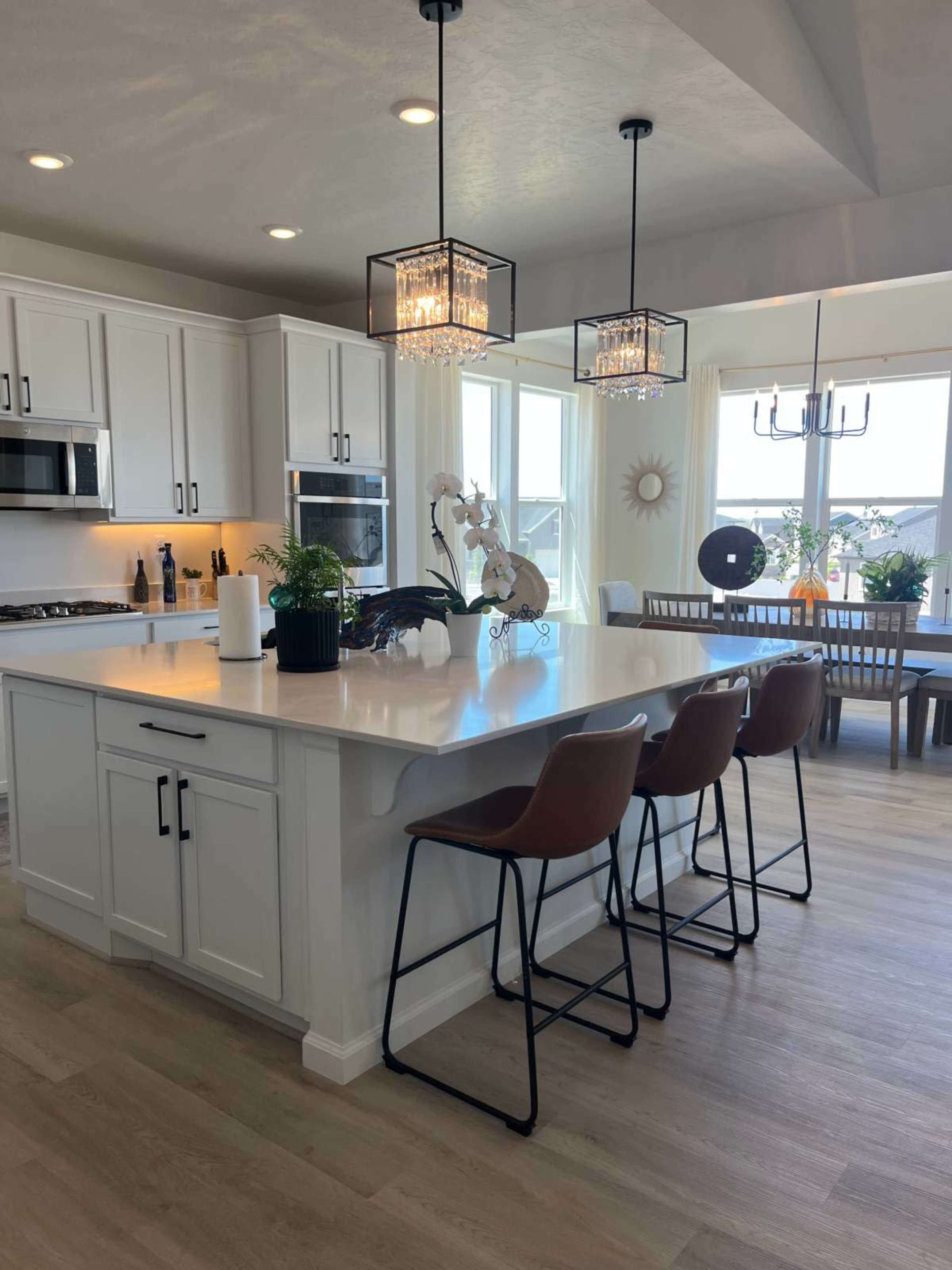 Urban home with vaulted ceilings, open concept, modern with a very large primary bedroom, cozy comfortable but modern feel., looks like a Hallmark setting. Image in Lake Point, Lake Point, UT