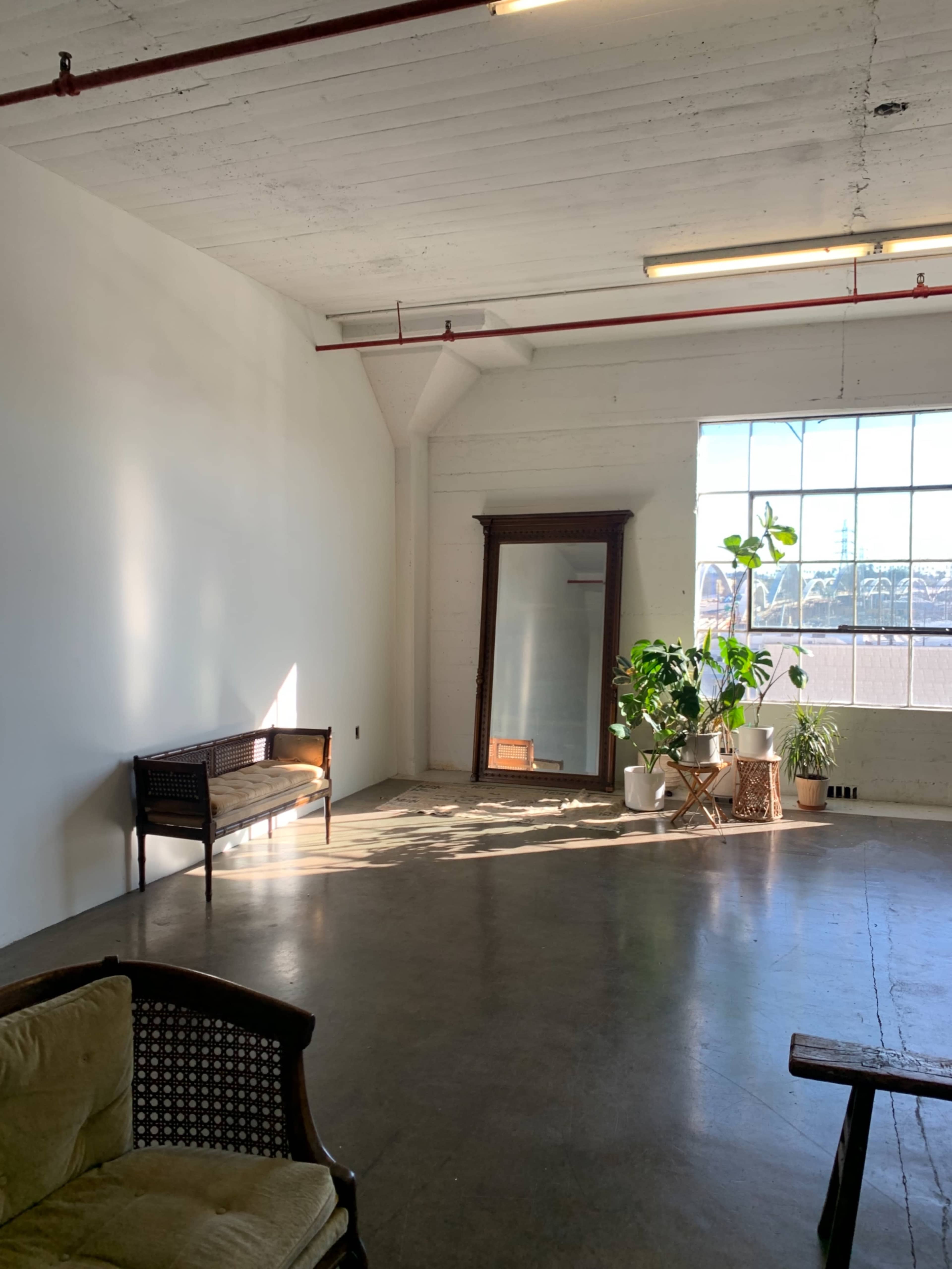 A spacious room with a large window, a mirror, a bench, and potted plants.