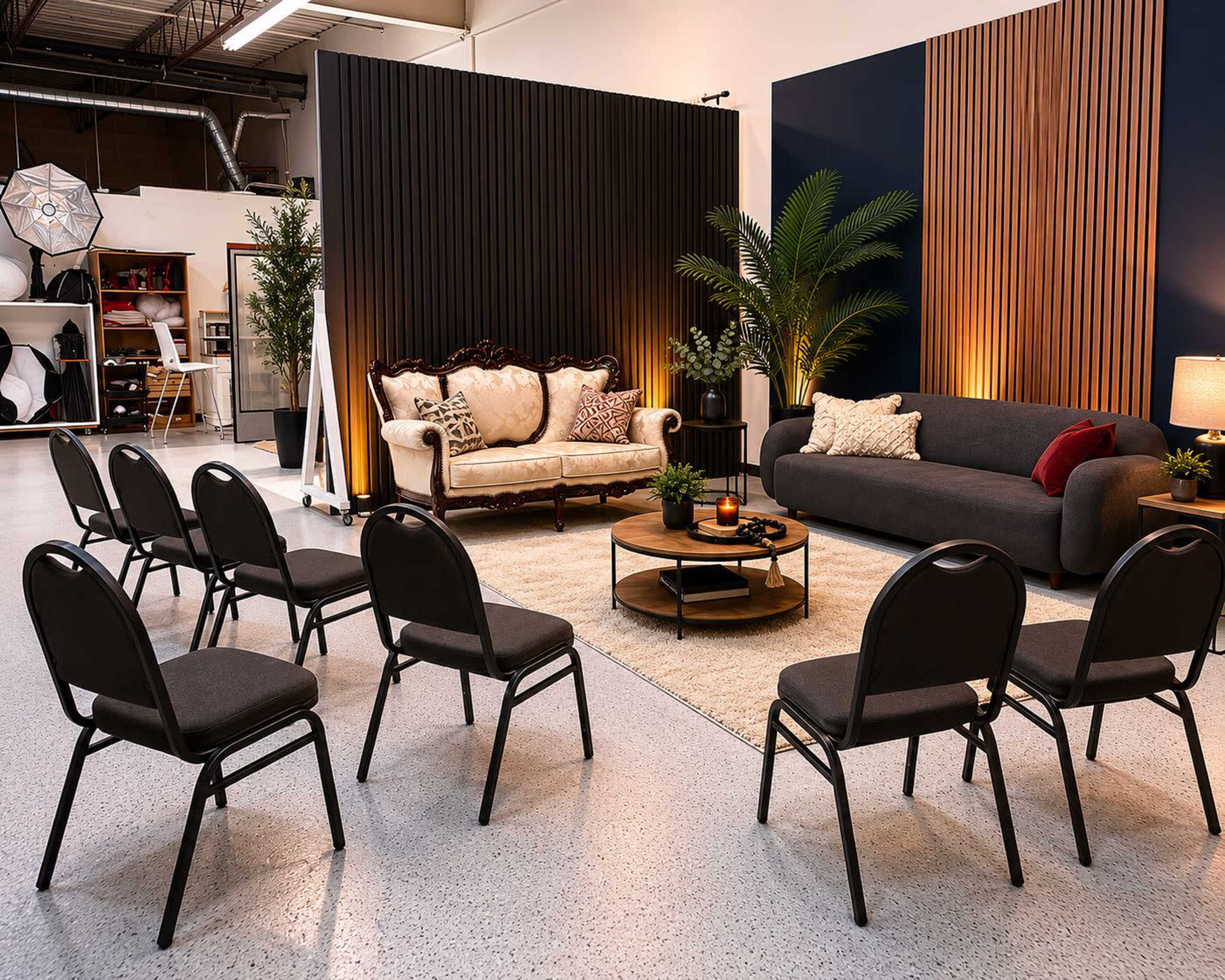 The image shows a modern interior setup with two sofas, a round coffee table, and several folding chairs arranged around a central area, illuminated by soft lighting.