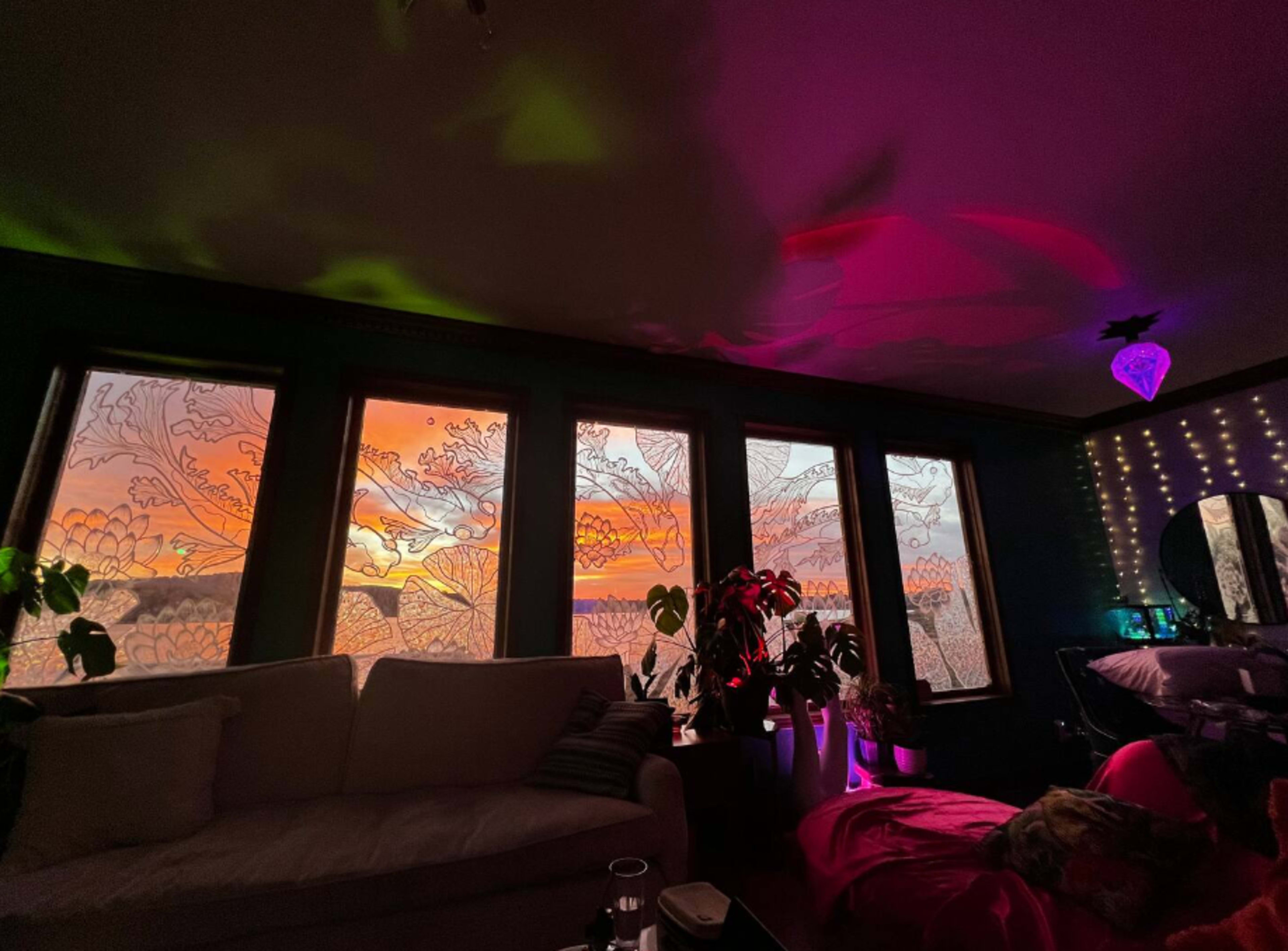A room with large windows displaying a sunset, while colorful lights illuminate the interior and highlight plants and furniture.