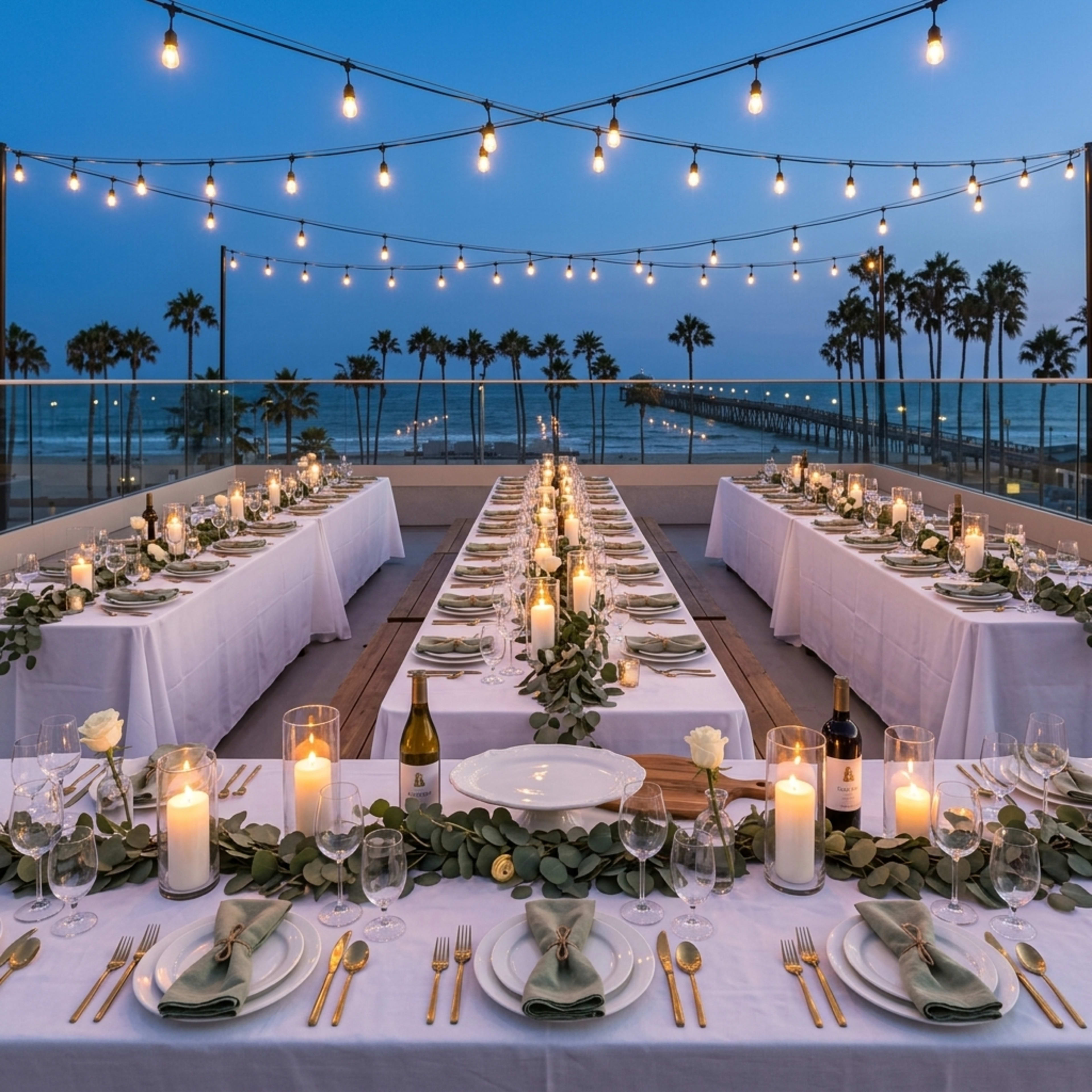 A long dining table is set up outdoors, adorned with candles and decorative greenery, overlooking a beach at dusk with string lights overhead.