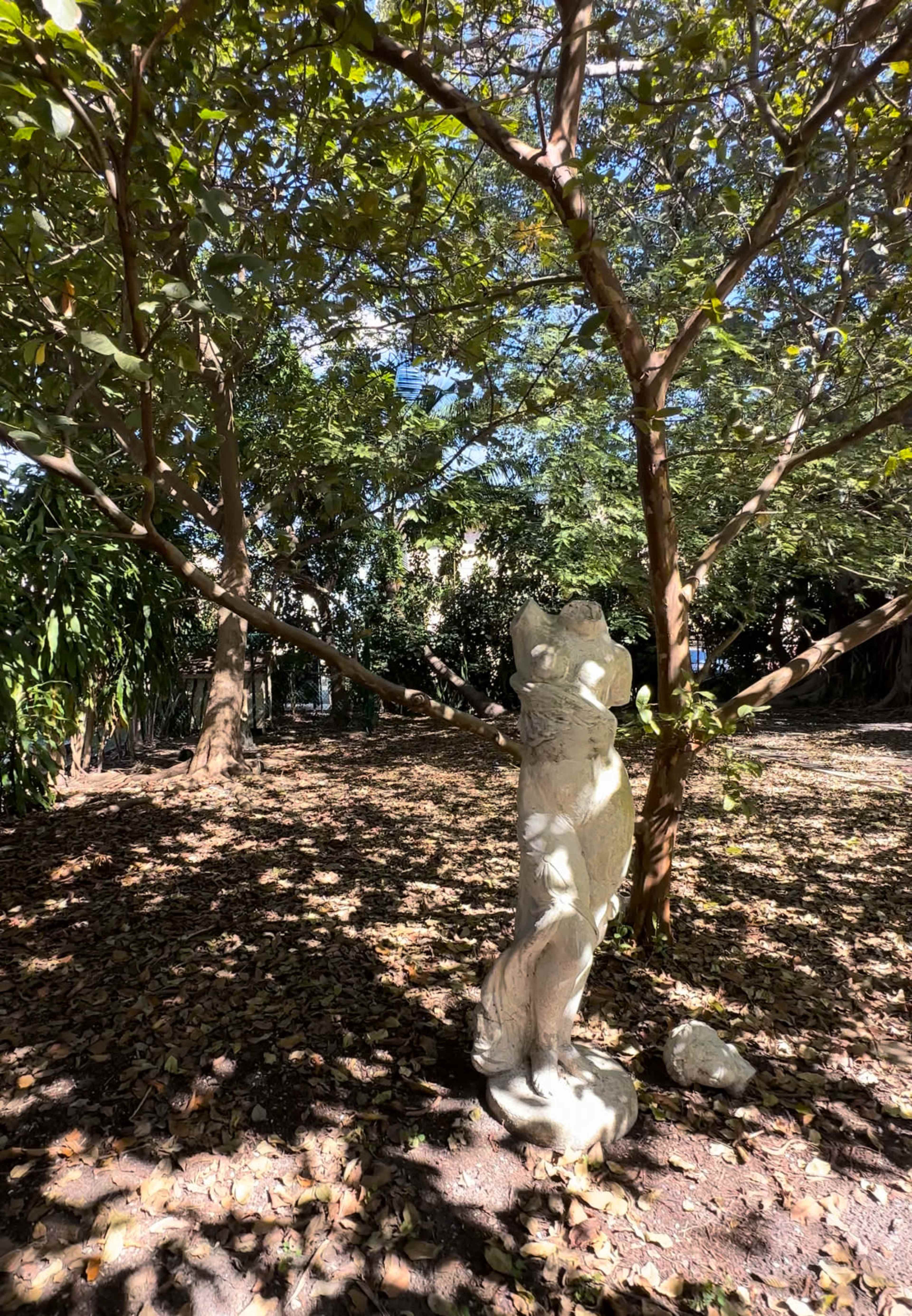 A white stone statue of a couple embracing stands amidst a shaded area under a tree in a park.