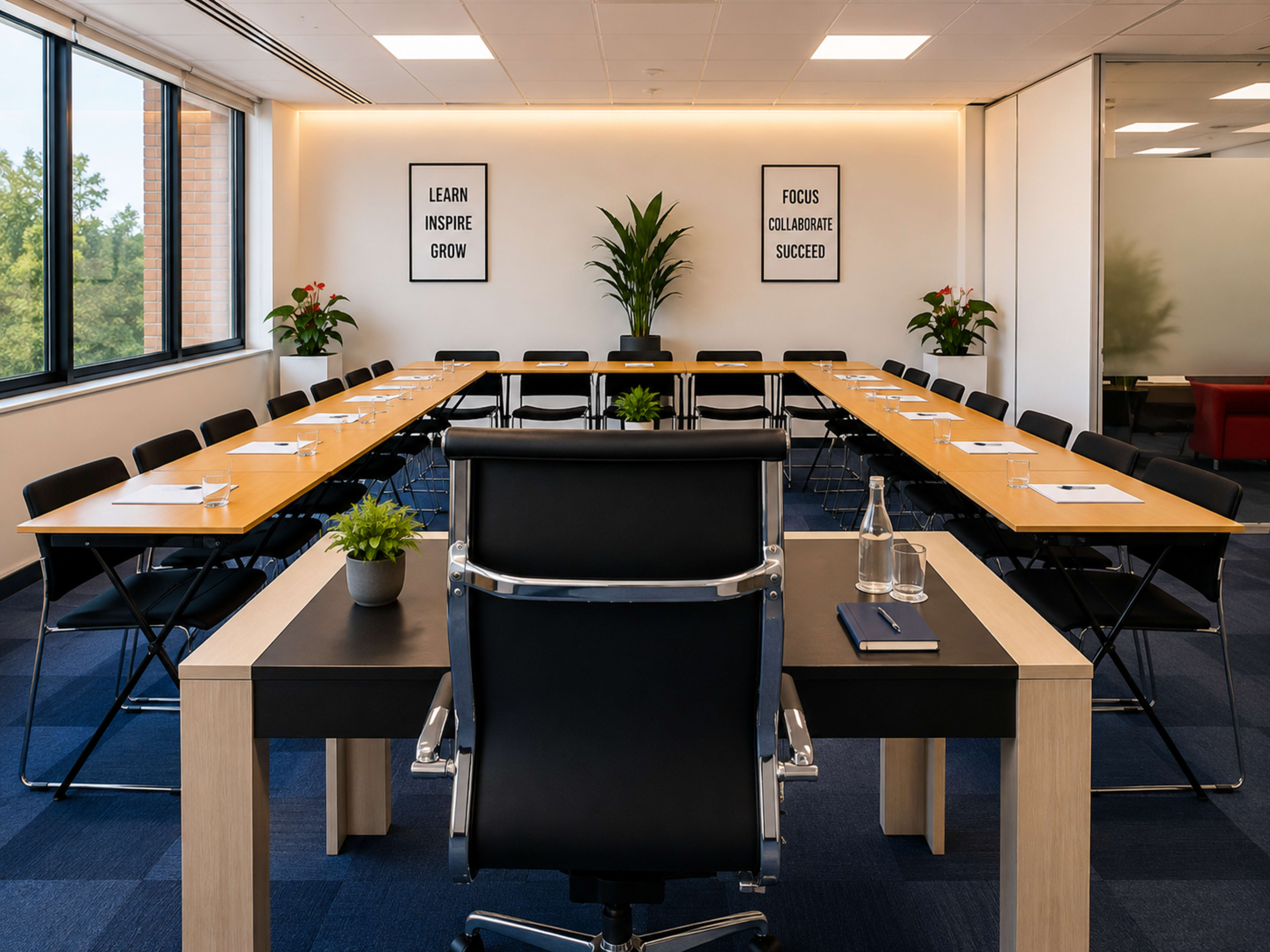 A modern conference room features a long table surrounded by black folding chairs, with inspirational posters on the walls and plants in the corners.