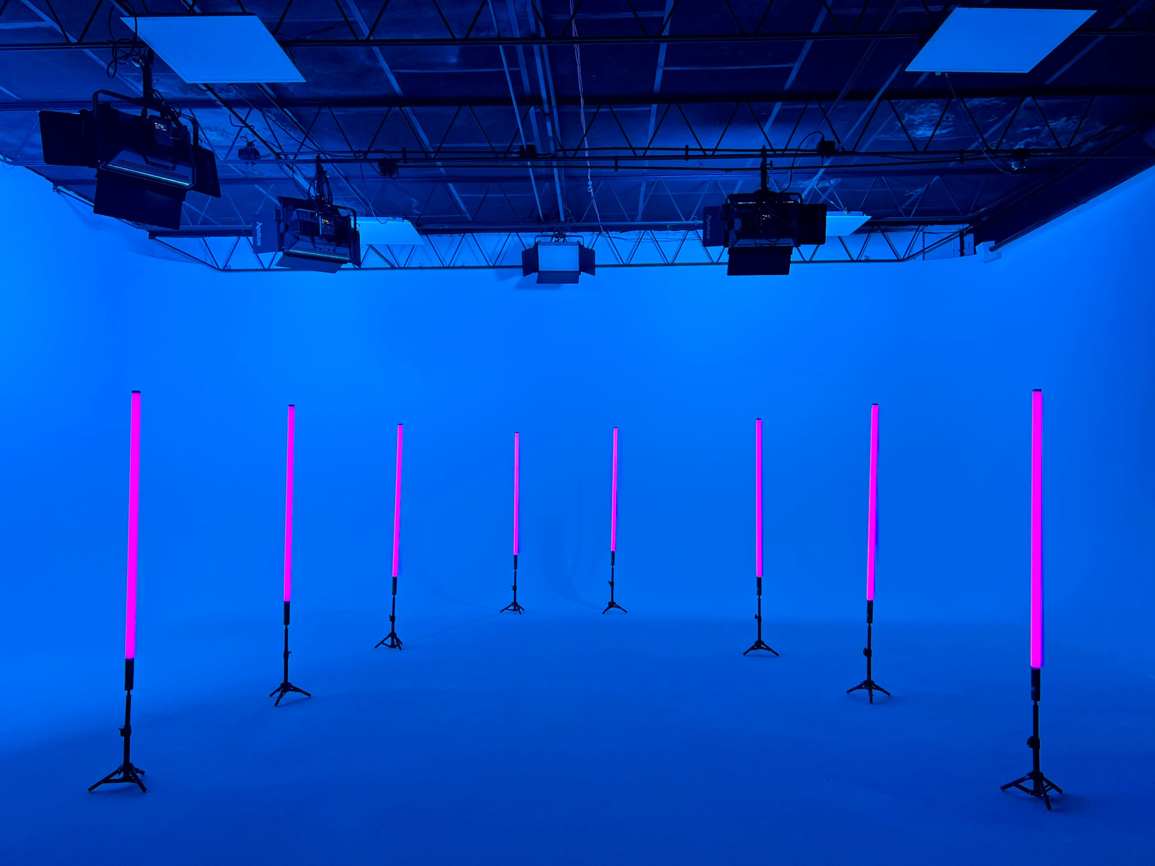 The image shows a studio space with a blue backdrop and eight vertical light stands emitting pink light.