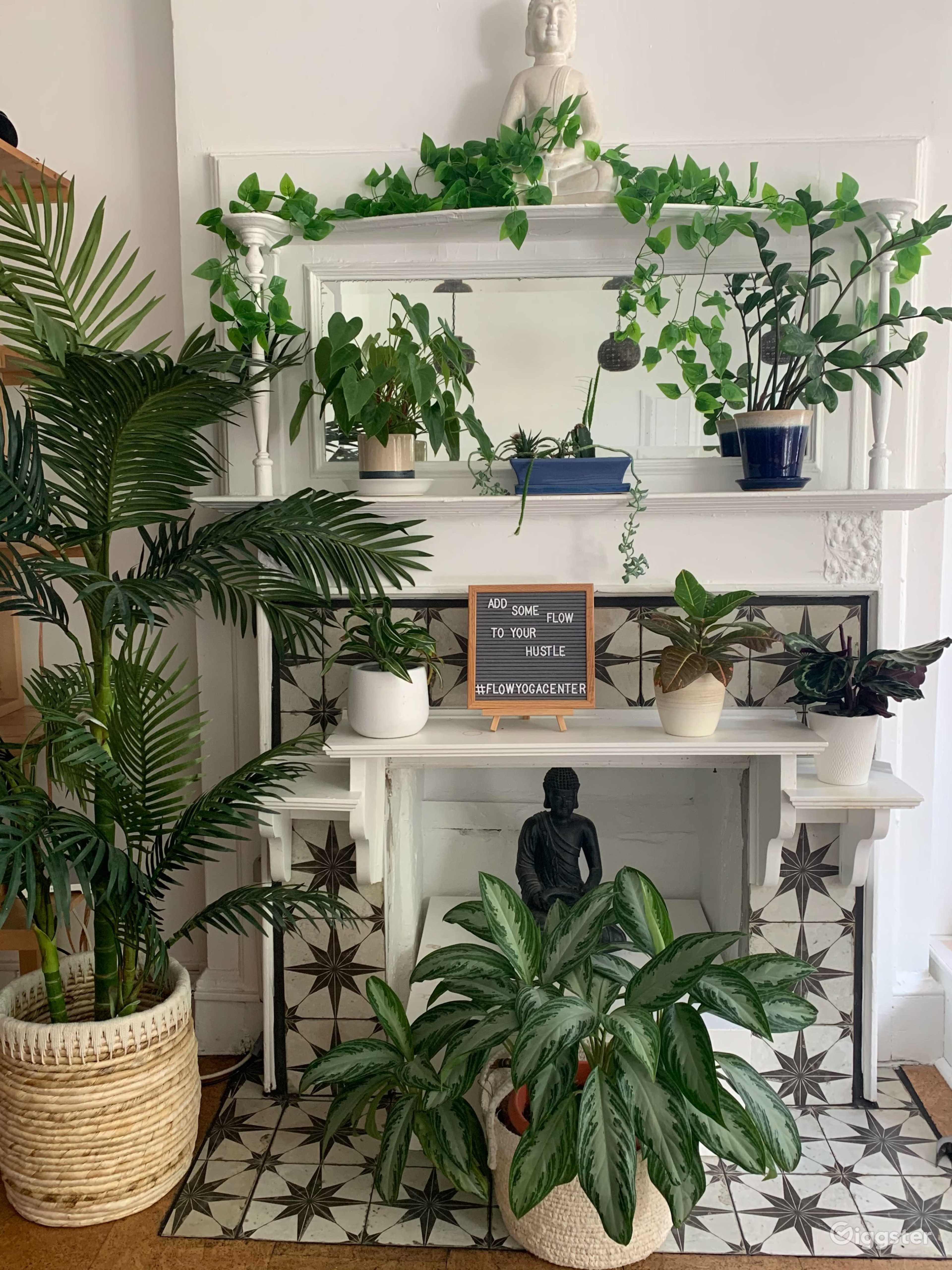 A decorated fireplace with various houseplants arranged on the mantel and surrounding area, including a statue of Buddha and a framed quote.
