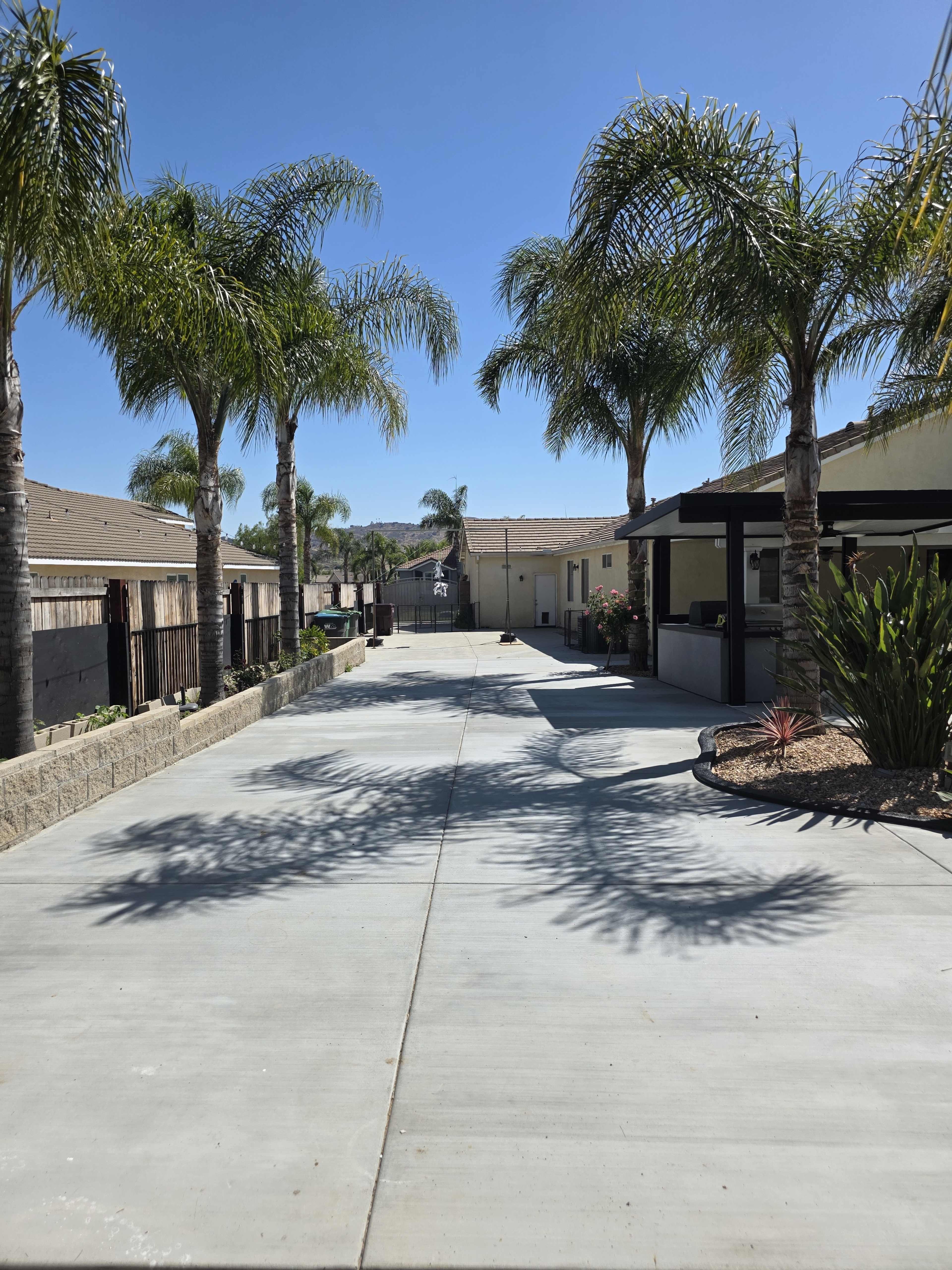 The image shows a wide, clear driveway lined with palm trees, leading toward a building in a residential setting under a bright blue sky.