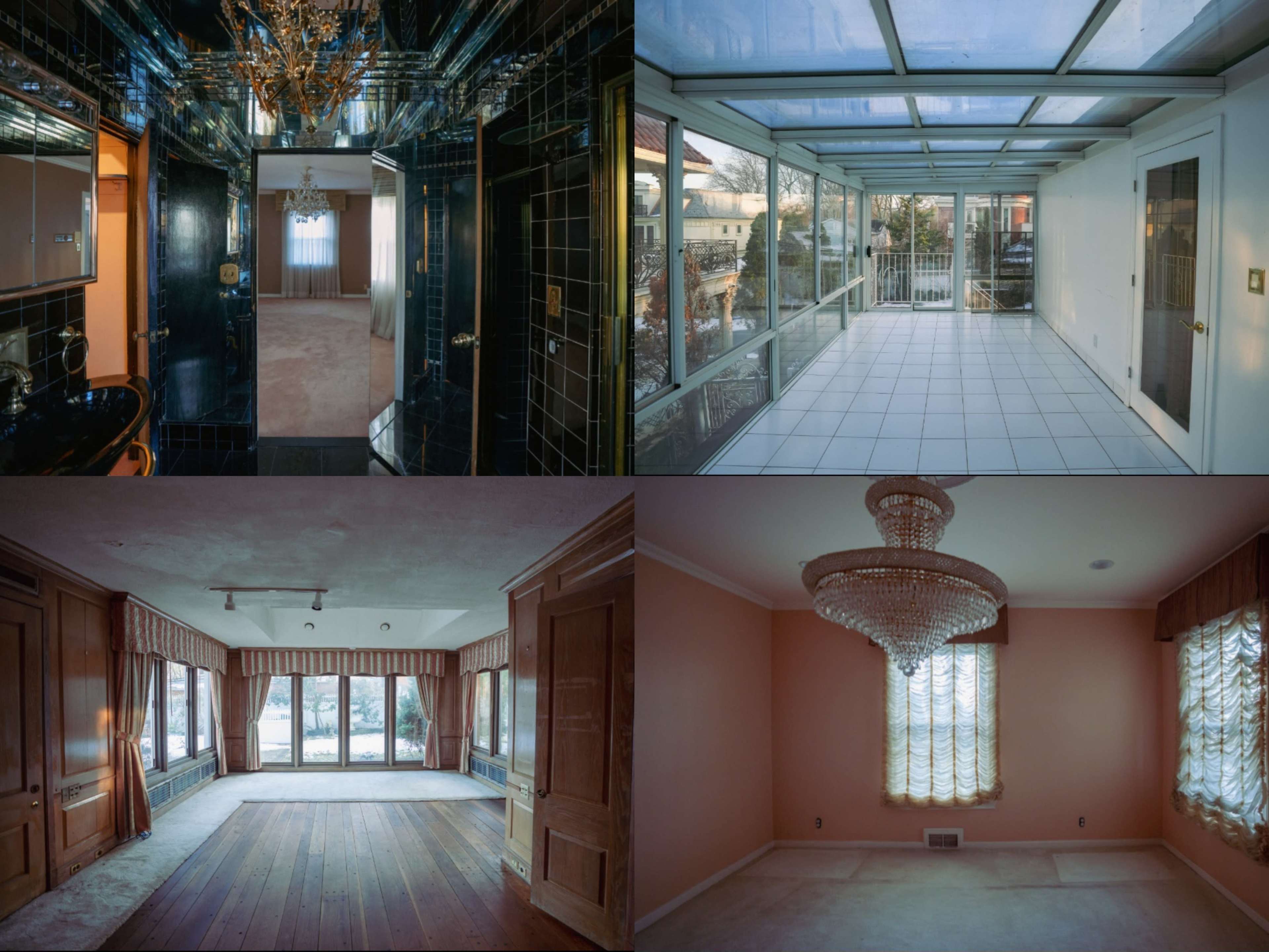 The image features four different room scenes: a black-tiled bathroom with a mirror, a sunroom with large windows and a tiled floor, a spacious living area with wooden floors and large windows, and a pink room with a chandelier and window drapes.