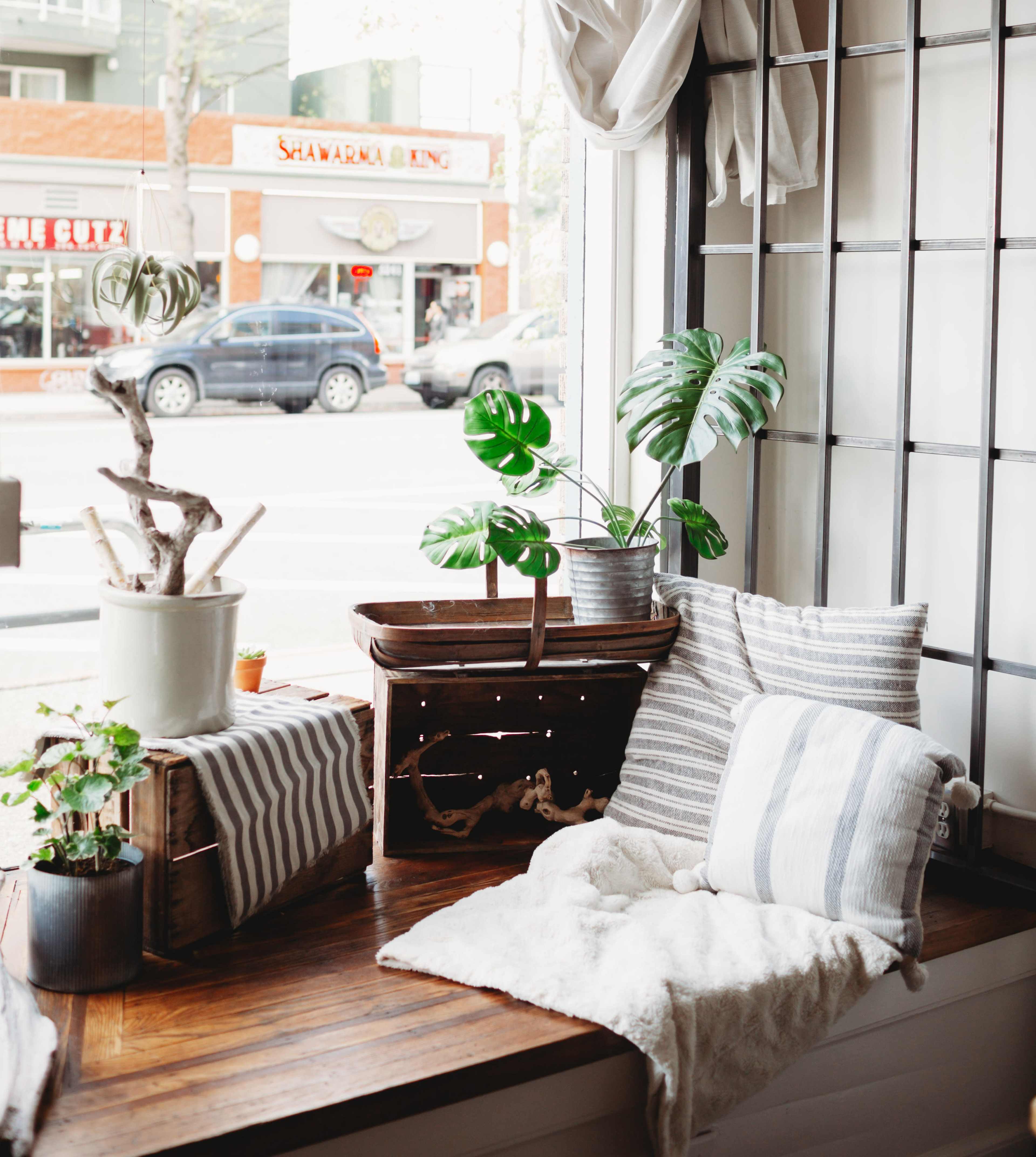 A cozy window nook features potted plants, wooden crates, and soft cushions against a backdrop of a city street.
