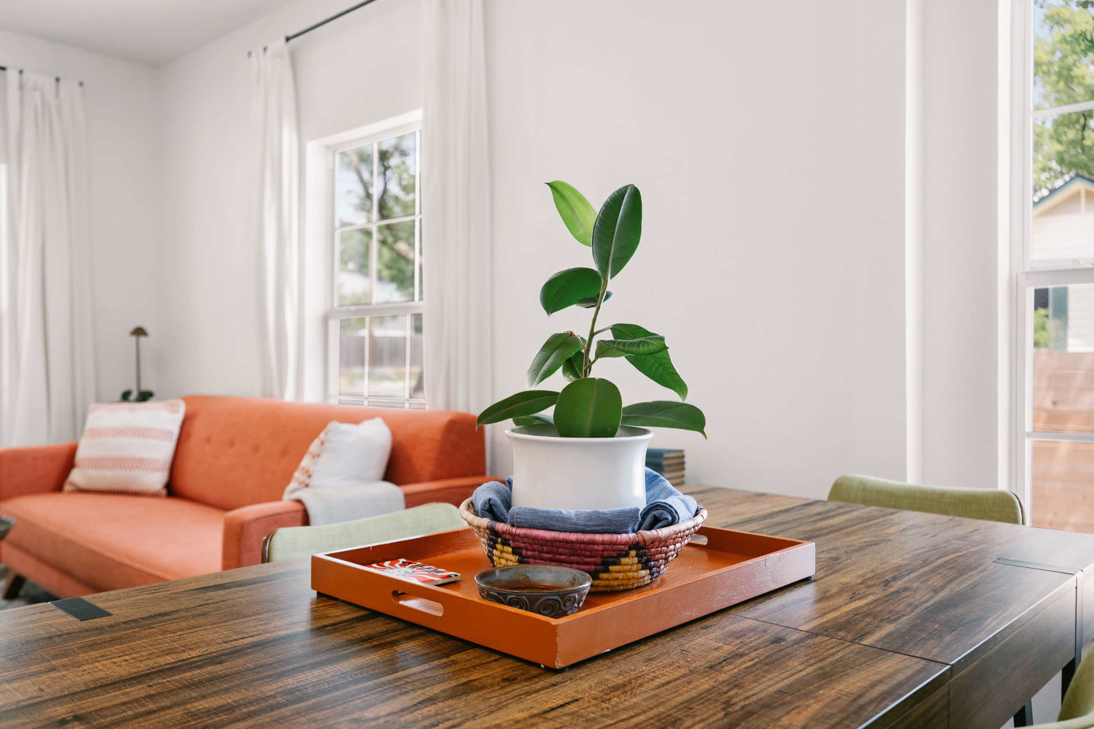 A potted plant sits on a decorative tray in the center of a wooden dining table, with a couch and windows visible in the background.
