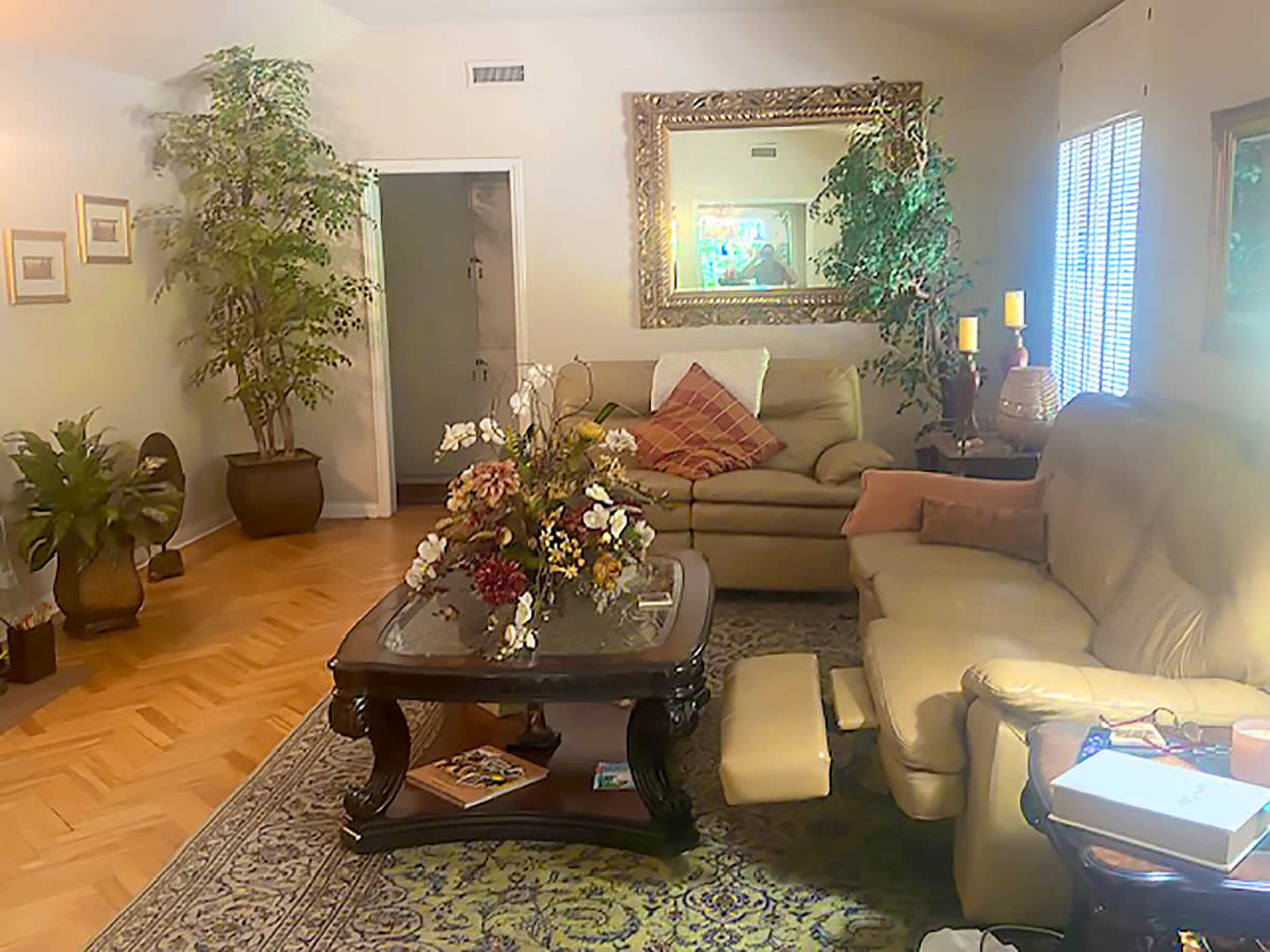 A furnished living room with two sofas, a coffee table adorned with flowers, and various decorative plants.