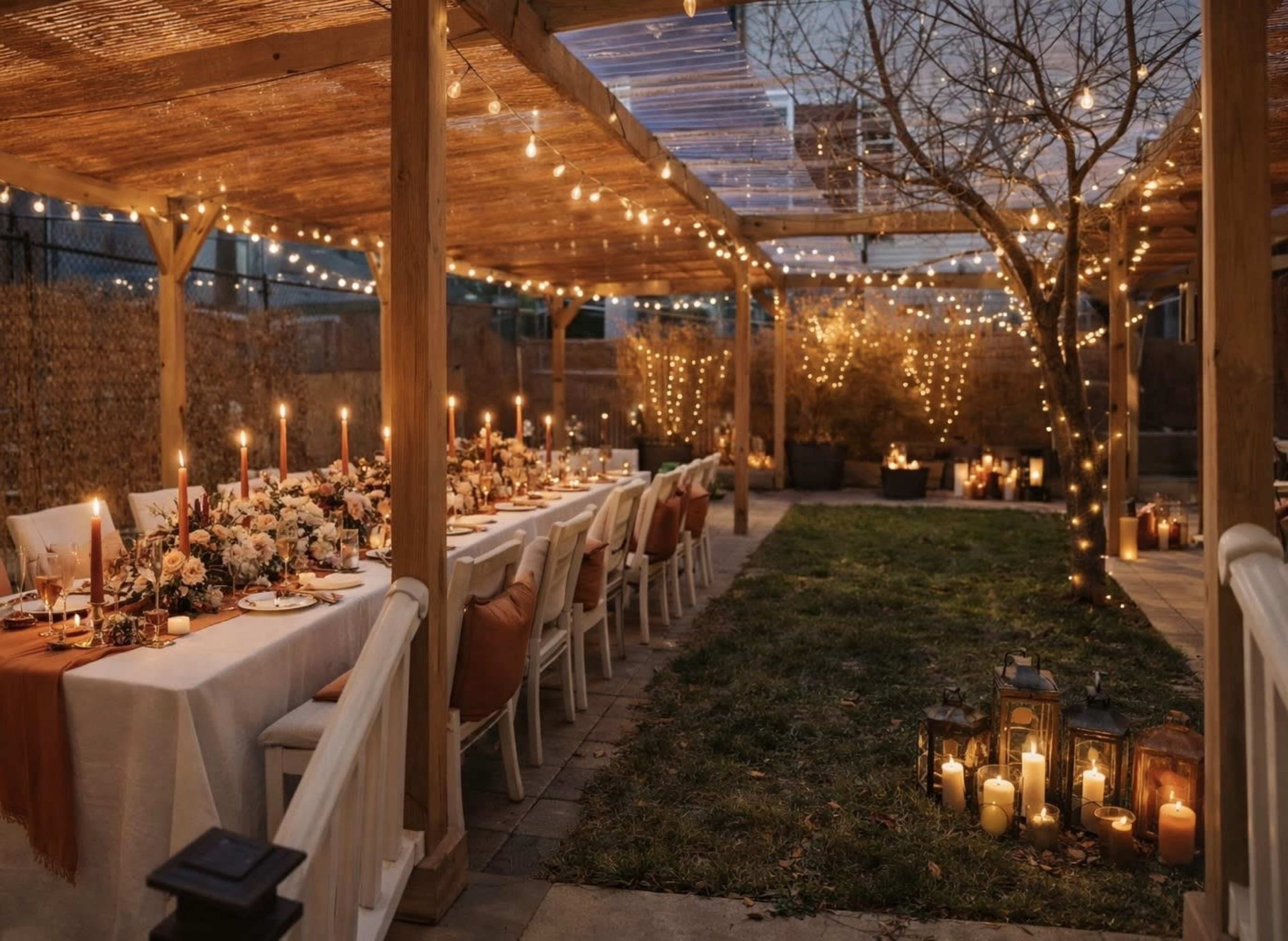 A long dining table is set with floral arrangements and candles beneath a wooden pergola adorned with string lights in a garden setting.