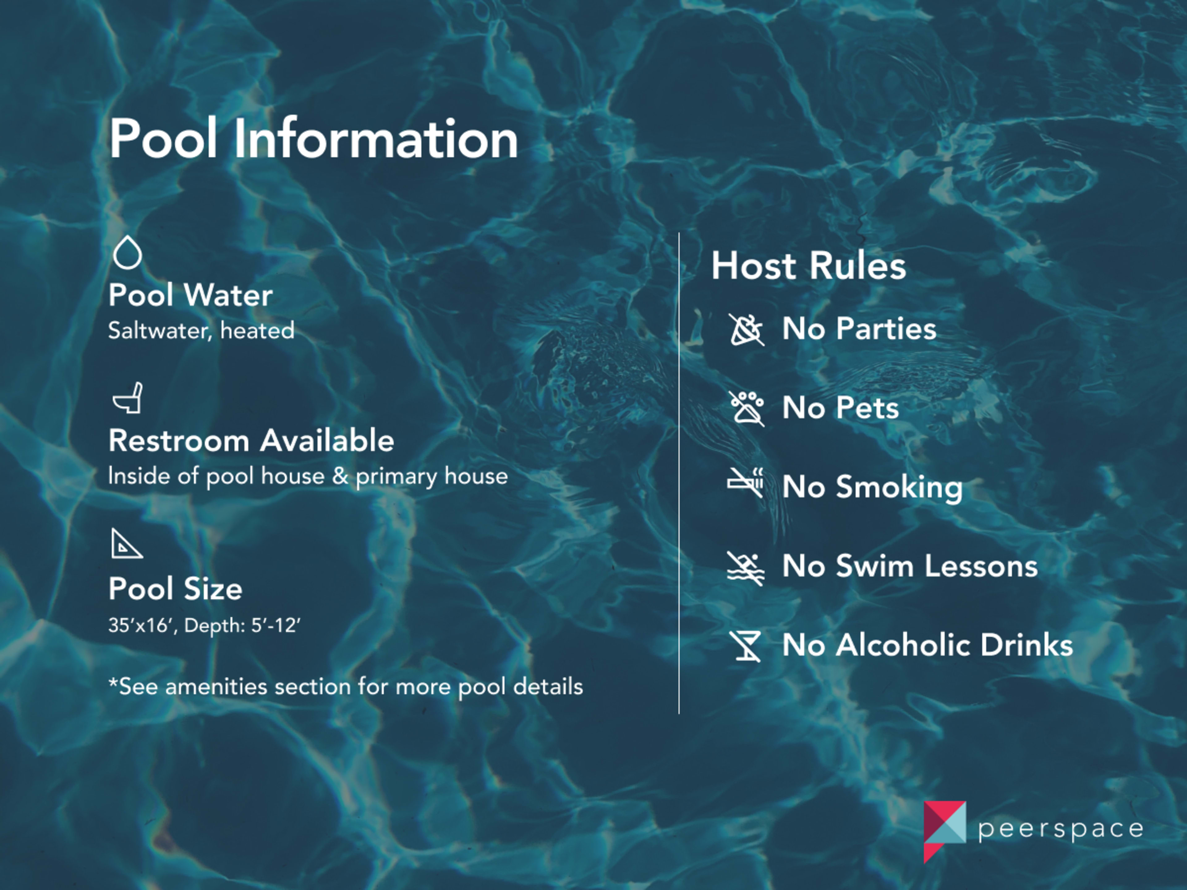 A clear blue water background with text outlining pool information, host rules, and amenities related to a pool rental.