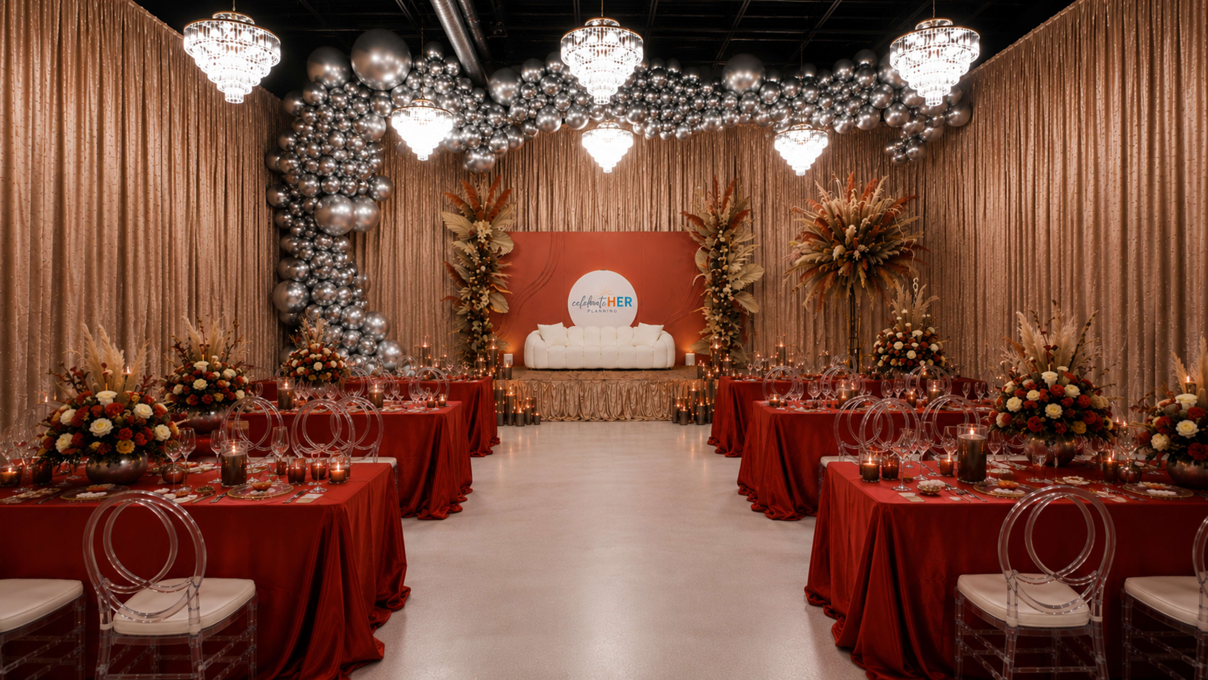 The scene features an elegantly decorated banquet hall with red tables, floral centerpieces, and a backdrop of golden curtains and metallic balloons.