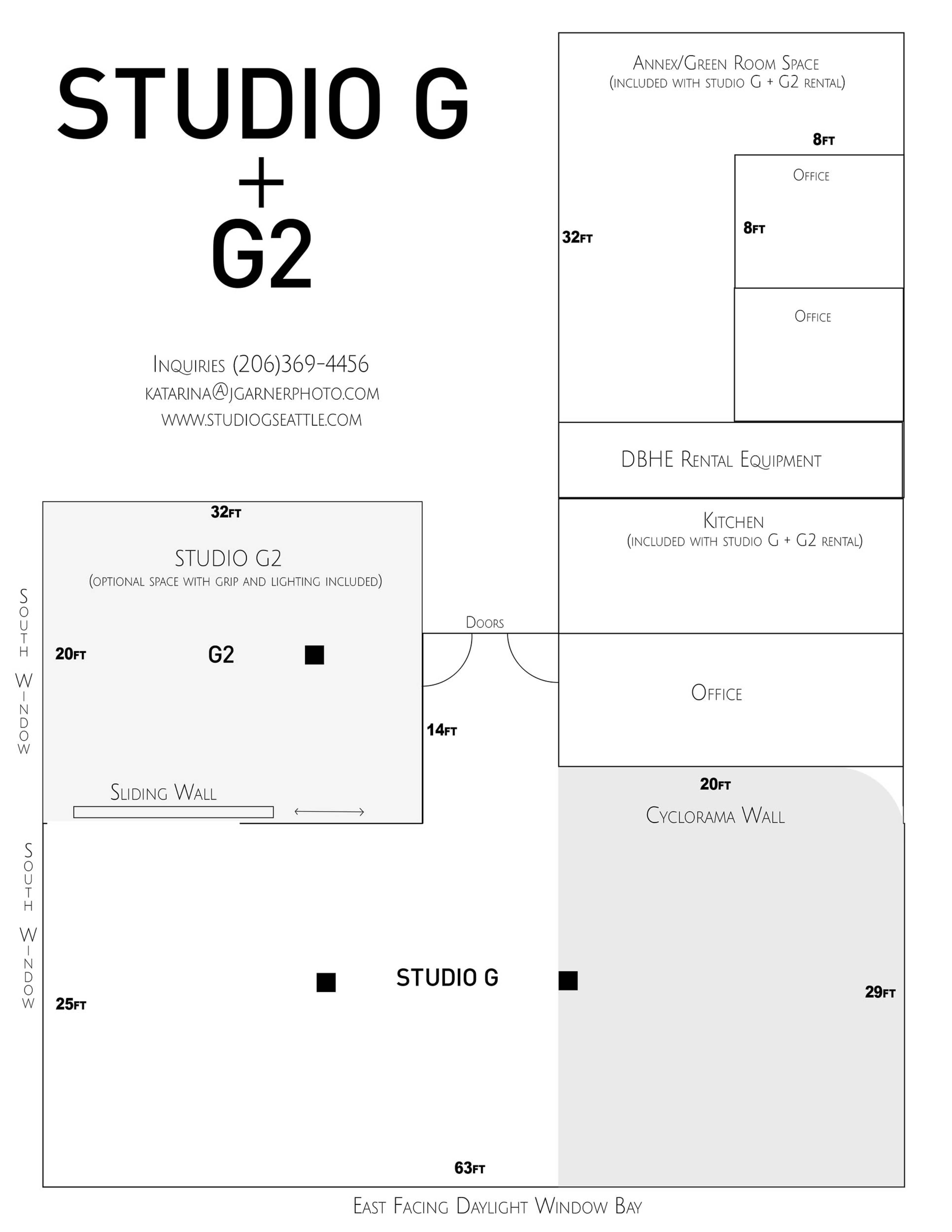 A floor plan of a studio space labeled "STUDIO G" and "STUDIO G2," detailing dimensions and room layouts, including an office, kitchen, and equipment areas.