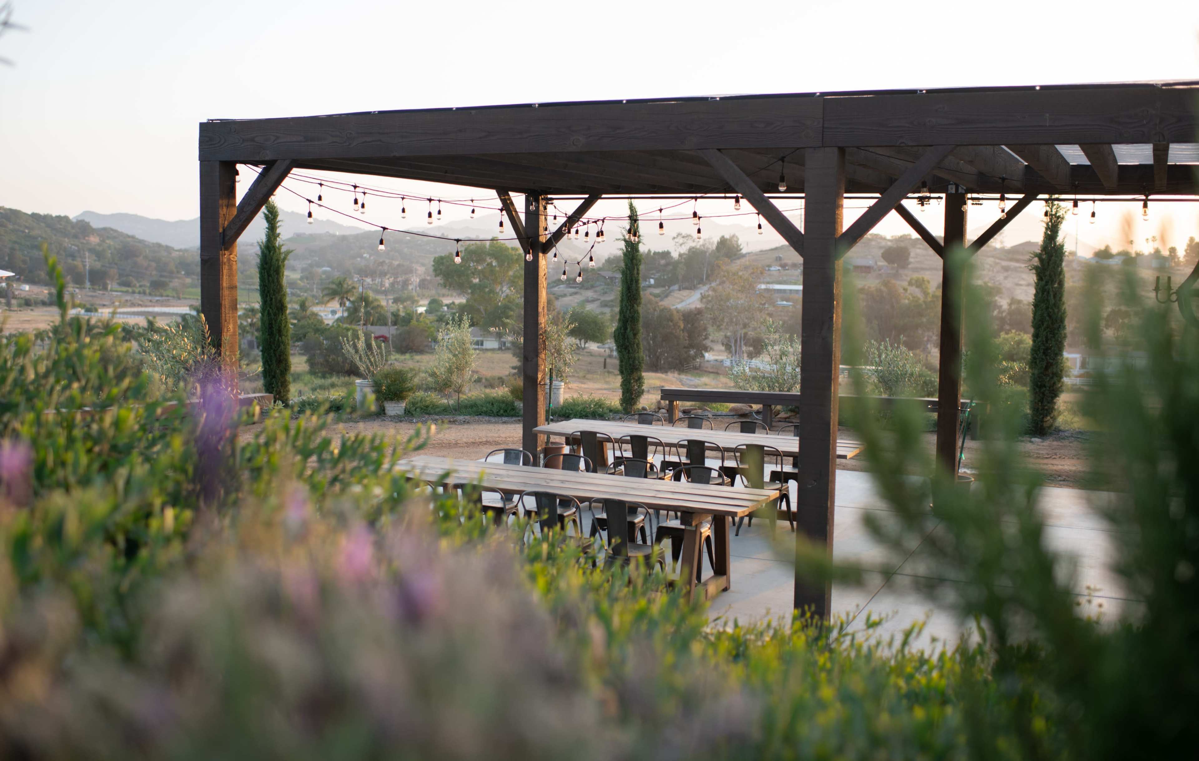 A wooden pergola with string lights overlooks an outdoor seating area and scenic landscape.