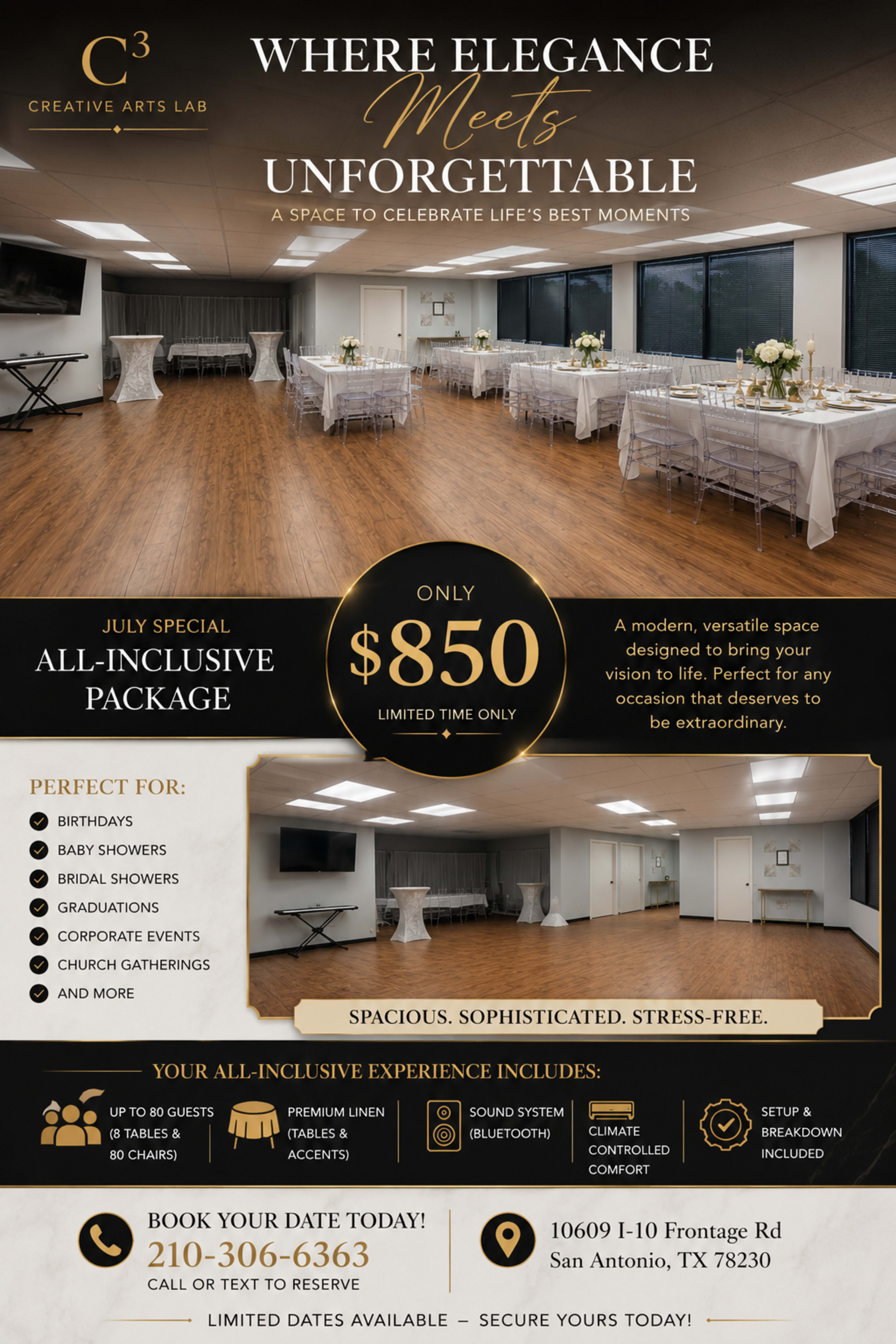 The image displays a promotional flyer for C3 Creative Arts Lab, advertising an all-inclusive event package for various celebrations in a modern venue with spacious interiors.