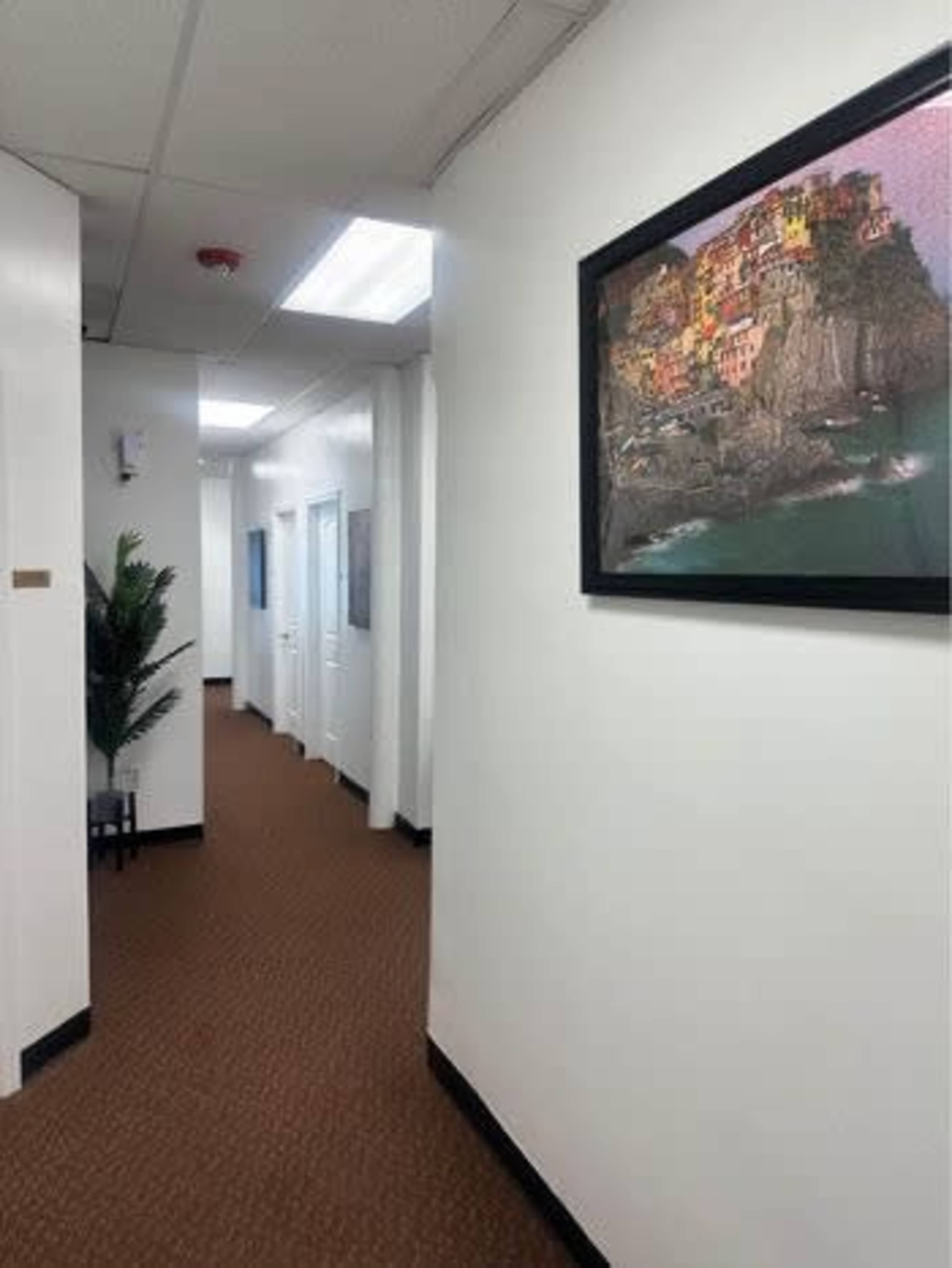 A well-lit corridor features several closed doors and a framed picture on the wall, alongside a decorative plant.