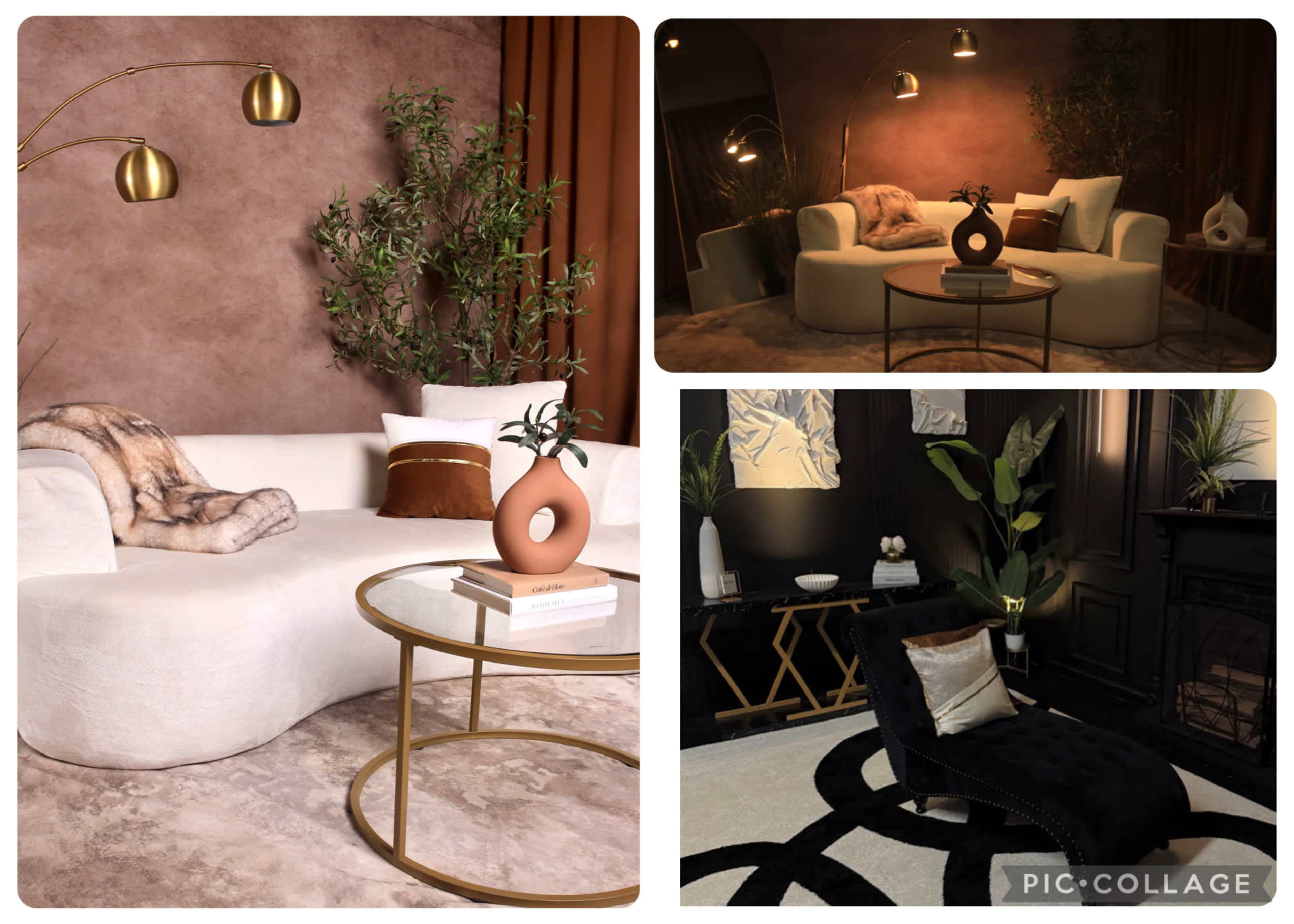 The image showcases various stylish living room setups featuring a curved white sofa, a gold coffee table, elegant décor, and a mix of textures and colors in the furnishings.