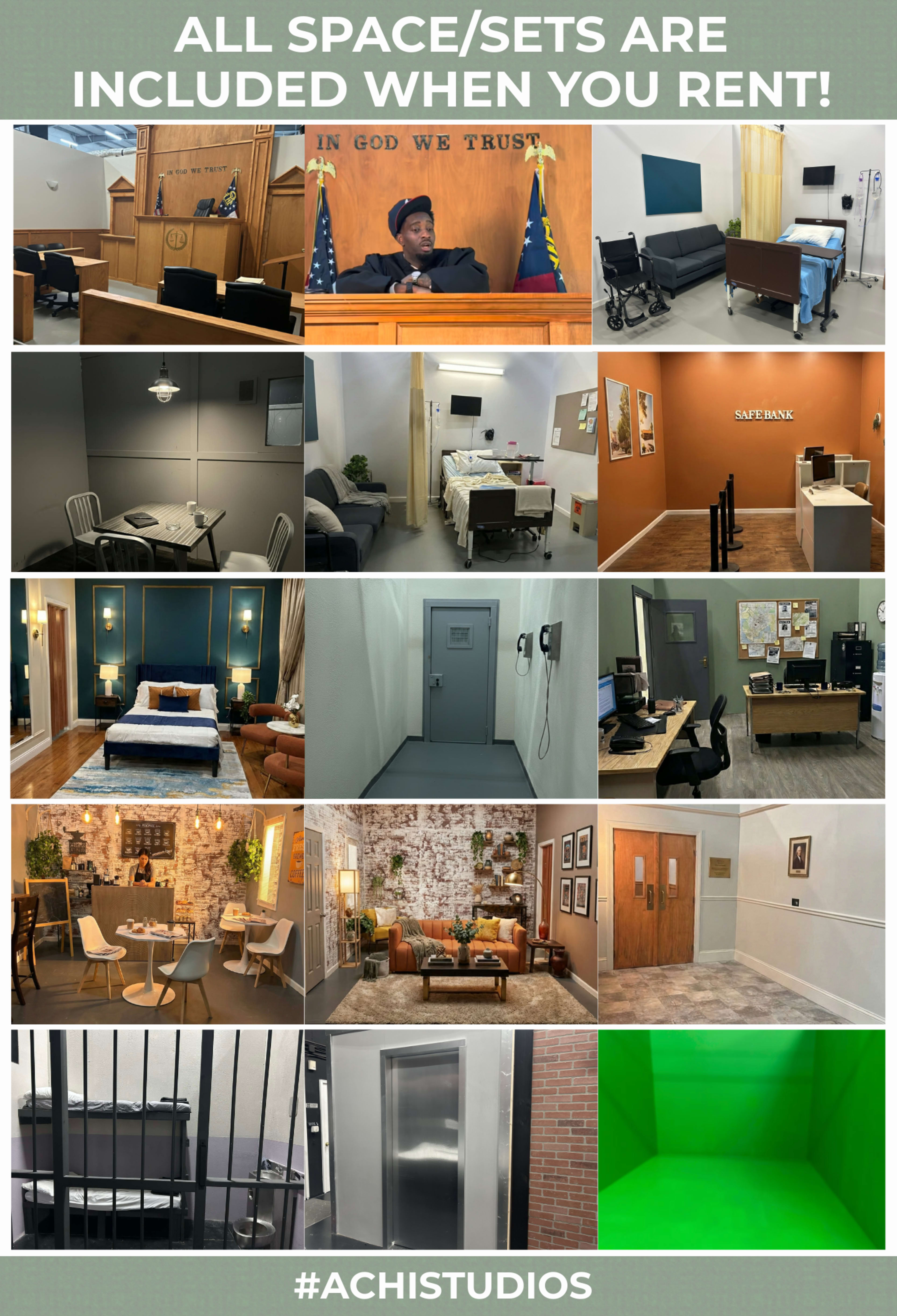 The image displays a collage of various rental set designs, including a courtroom, hospital room, office, and living spaces, showcasing their versatility for different productions.