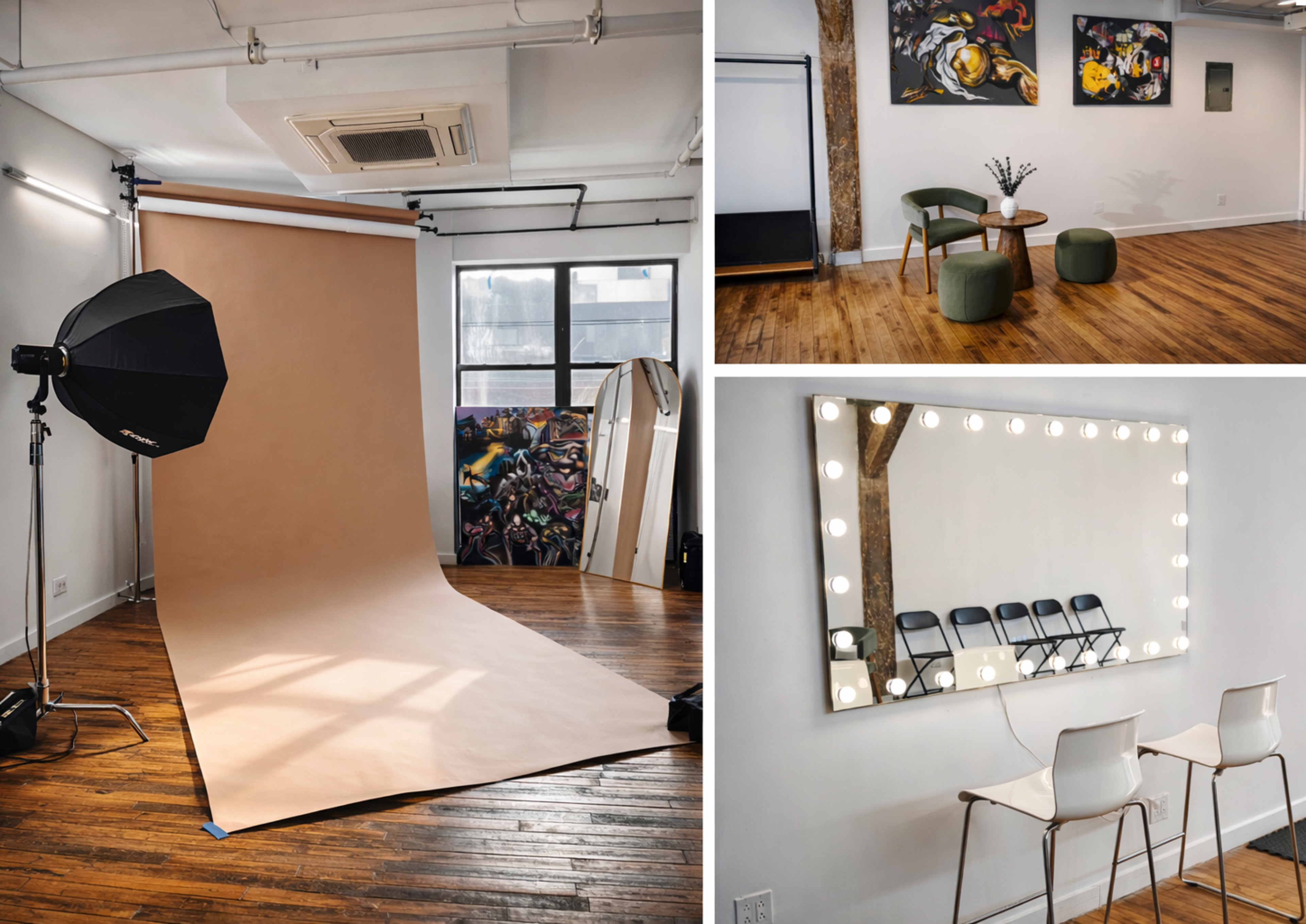 The image shows a photography studio with a large paper backdrop, a lighting setup, a seating area with chairs and a table, and a makeup mirror with lights.