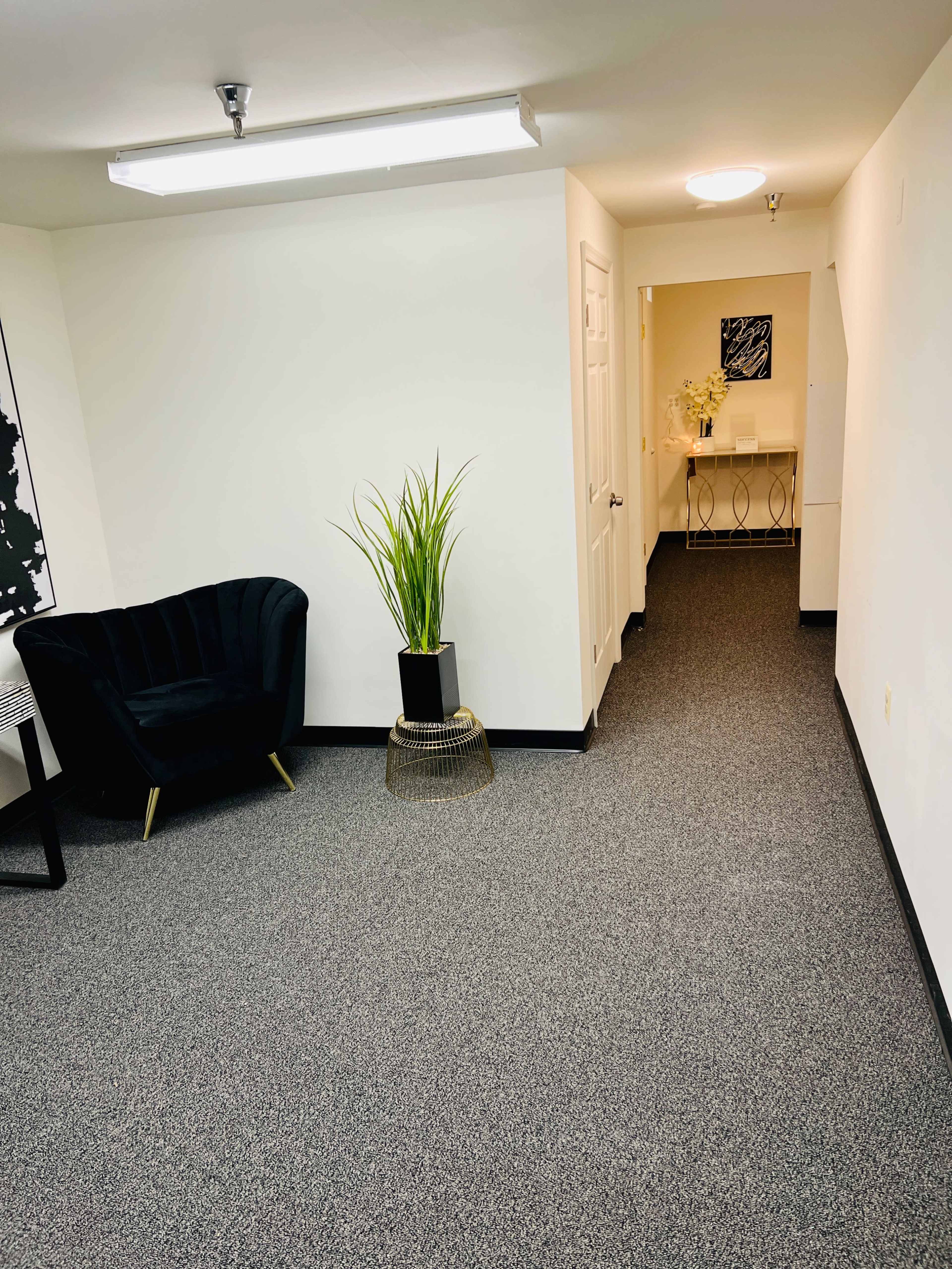 A well-lit room featuring a dark velvet chair, a decorative plant in a pot, and a hallway leading to another space with a console table.