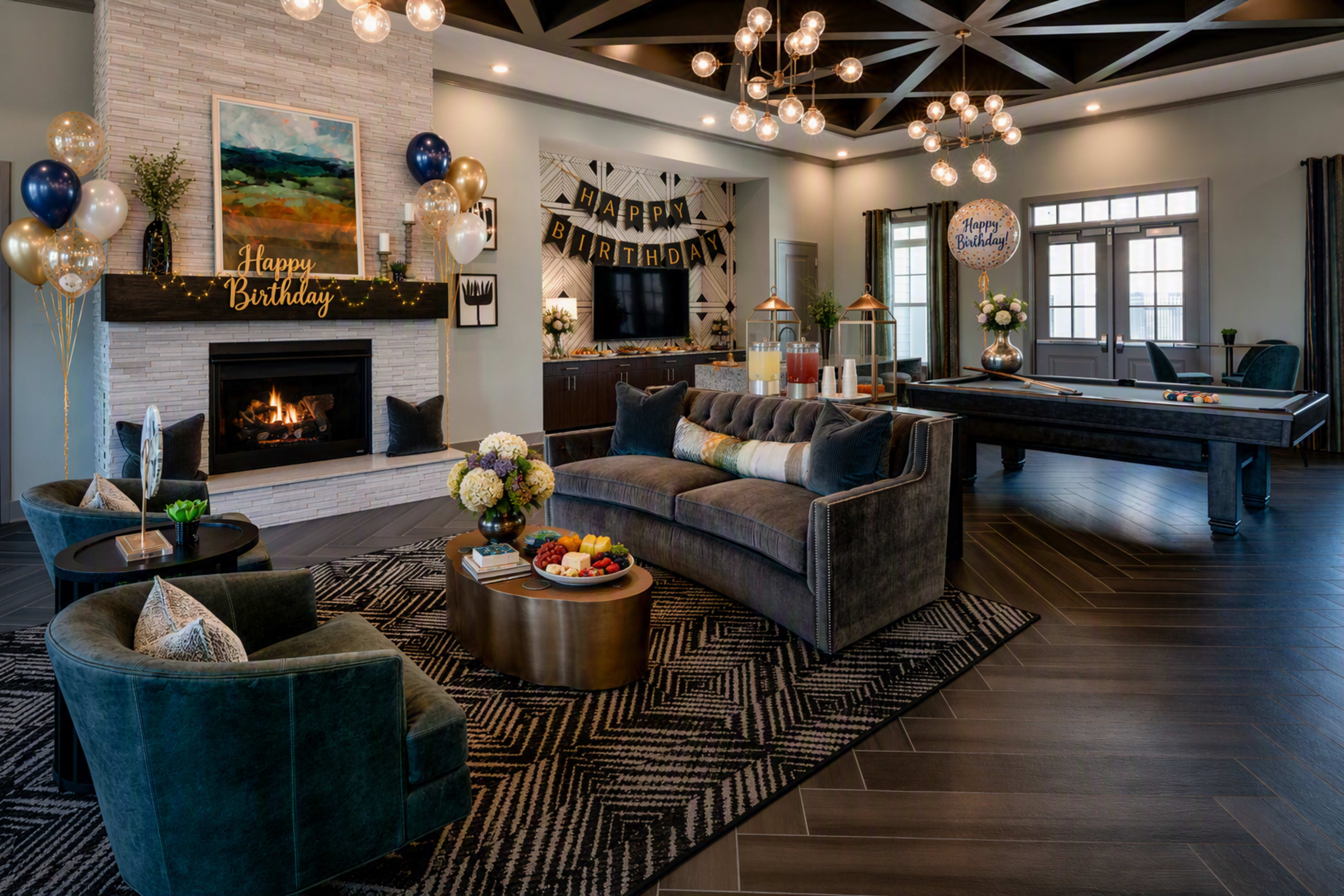 The image depicts a decorated living room for a birthday celebration, featuring a modern fireplace, stylish furniture, and a pool table with balloons and party decor.
