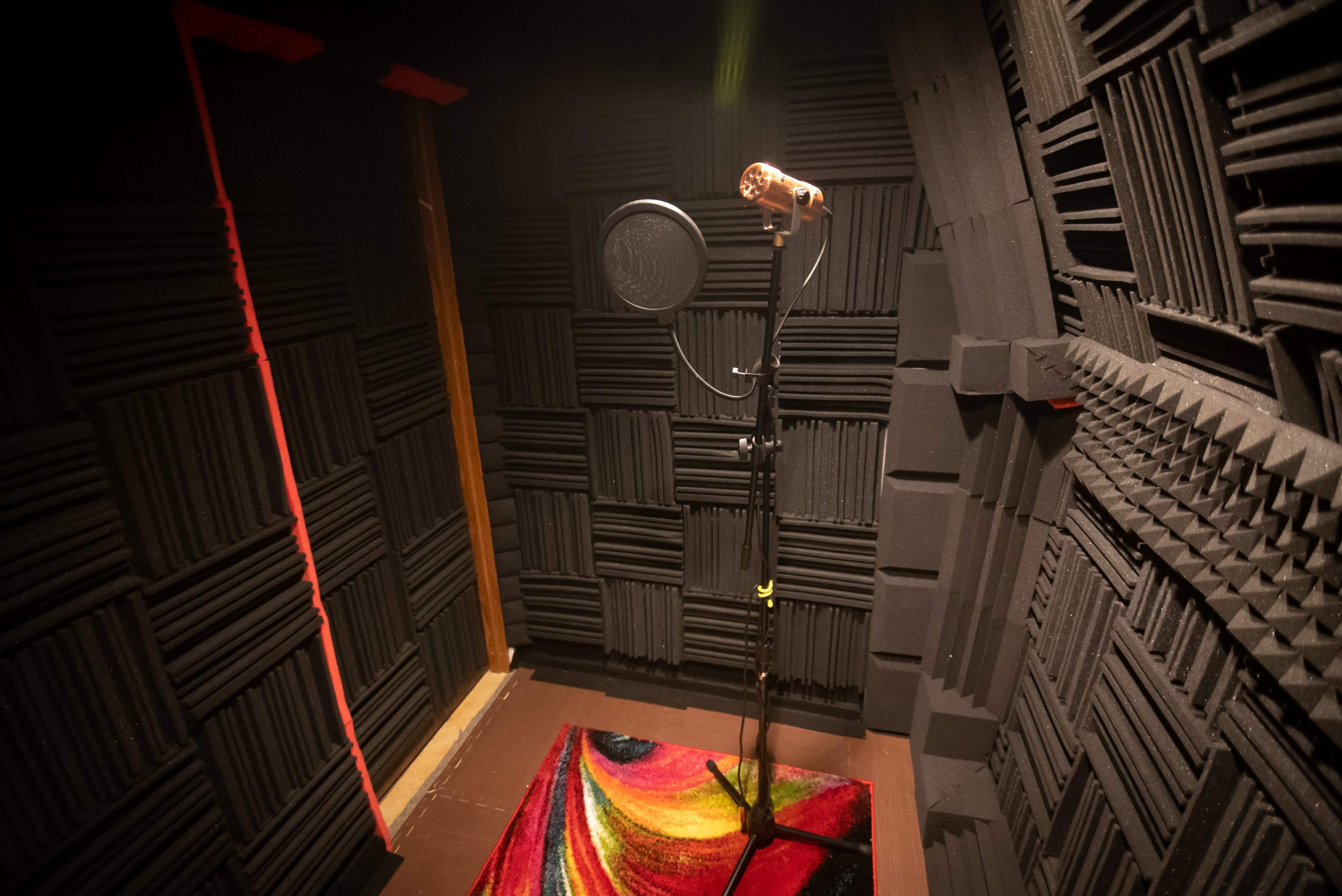 A soundproof recording studio with a microphone on a stand and acoustic foam panels covering the walls.