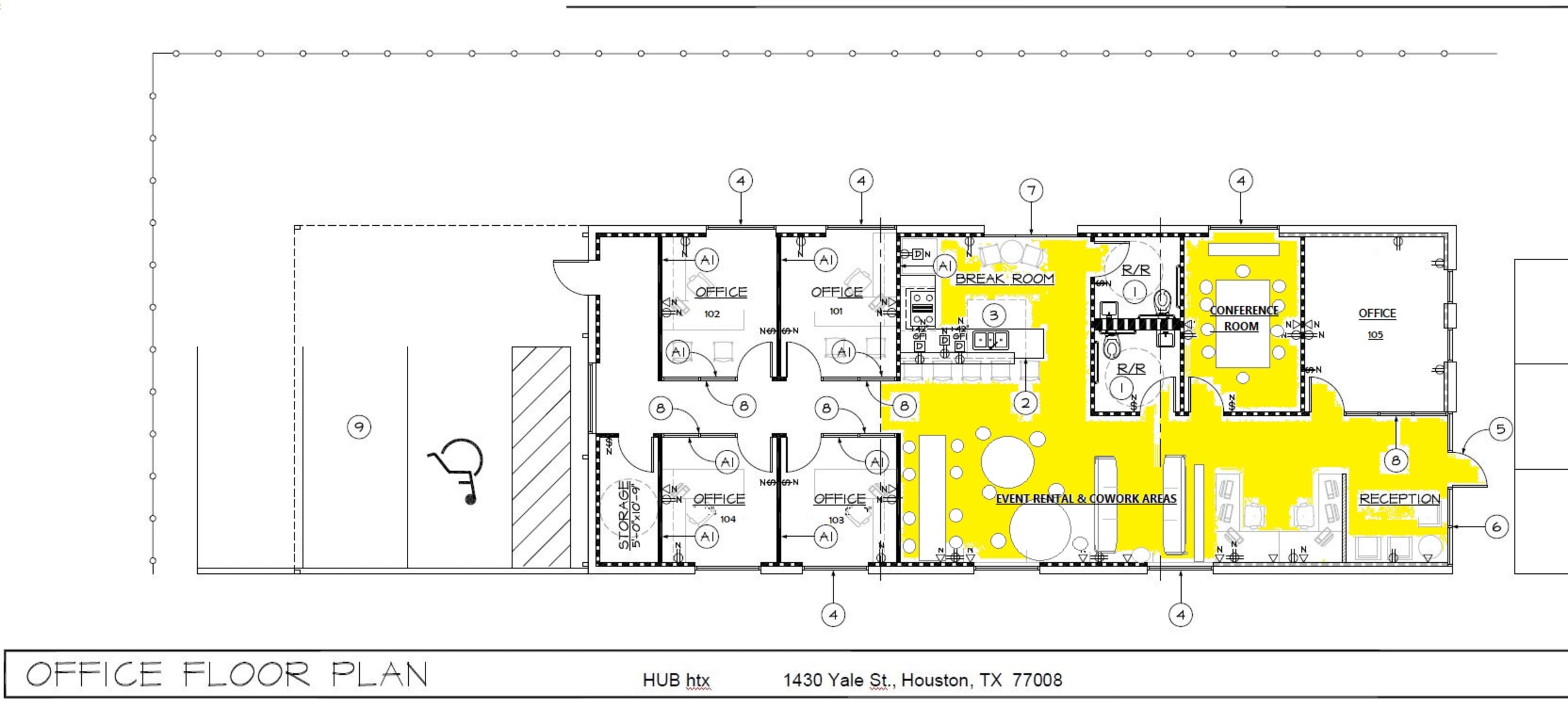 The image shows a detailed office floor plan with labeled areas, including offices, a break room, conference room, and reception area, highlighted in yellow.