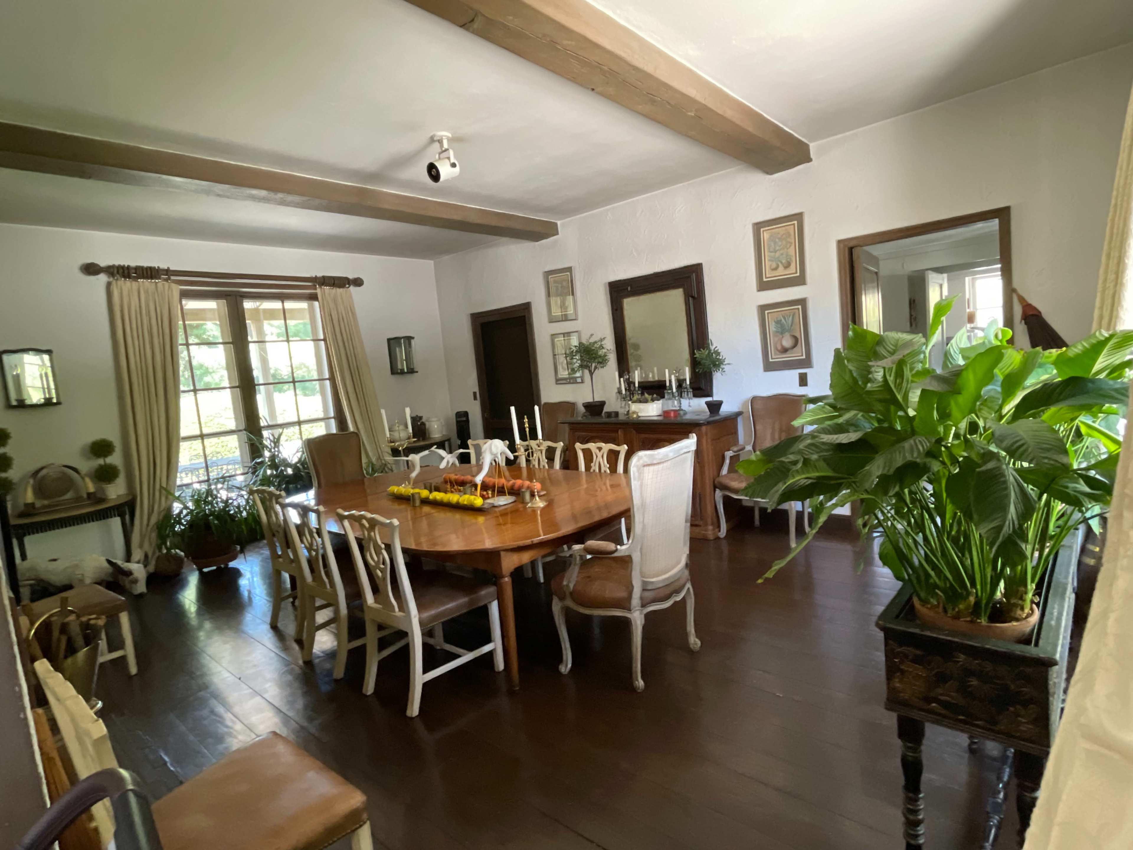 The image shows a dining room with a large wooden table surrounded by various chairs, framed artwork on the walls, and a large potted plant in the corner.