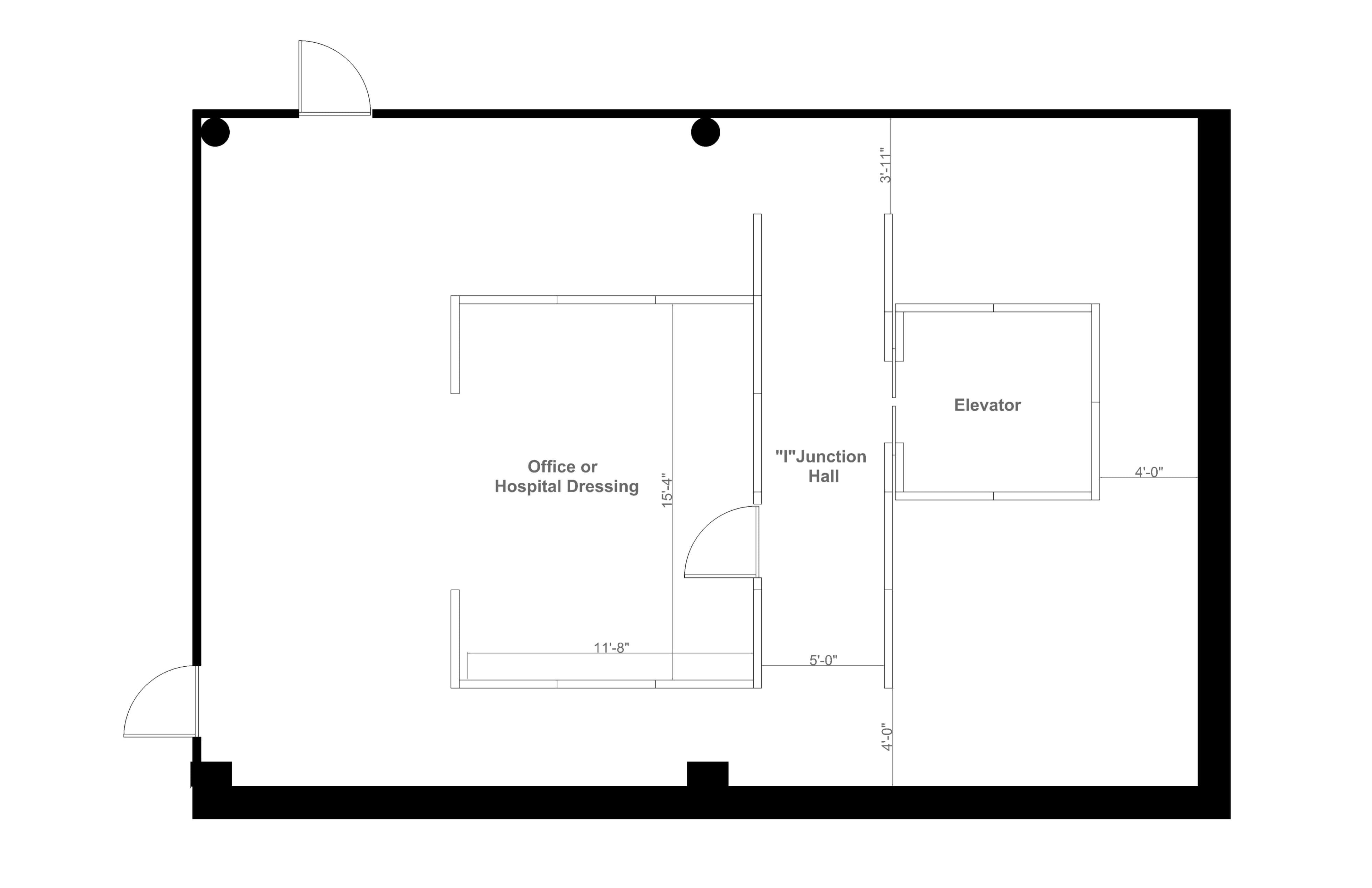 A floor plan with designated areas labeled "Office or Hospital Dressing," "T Junction Hall," and "Elevator."