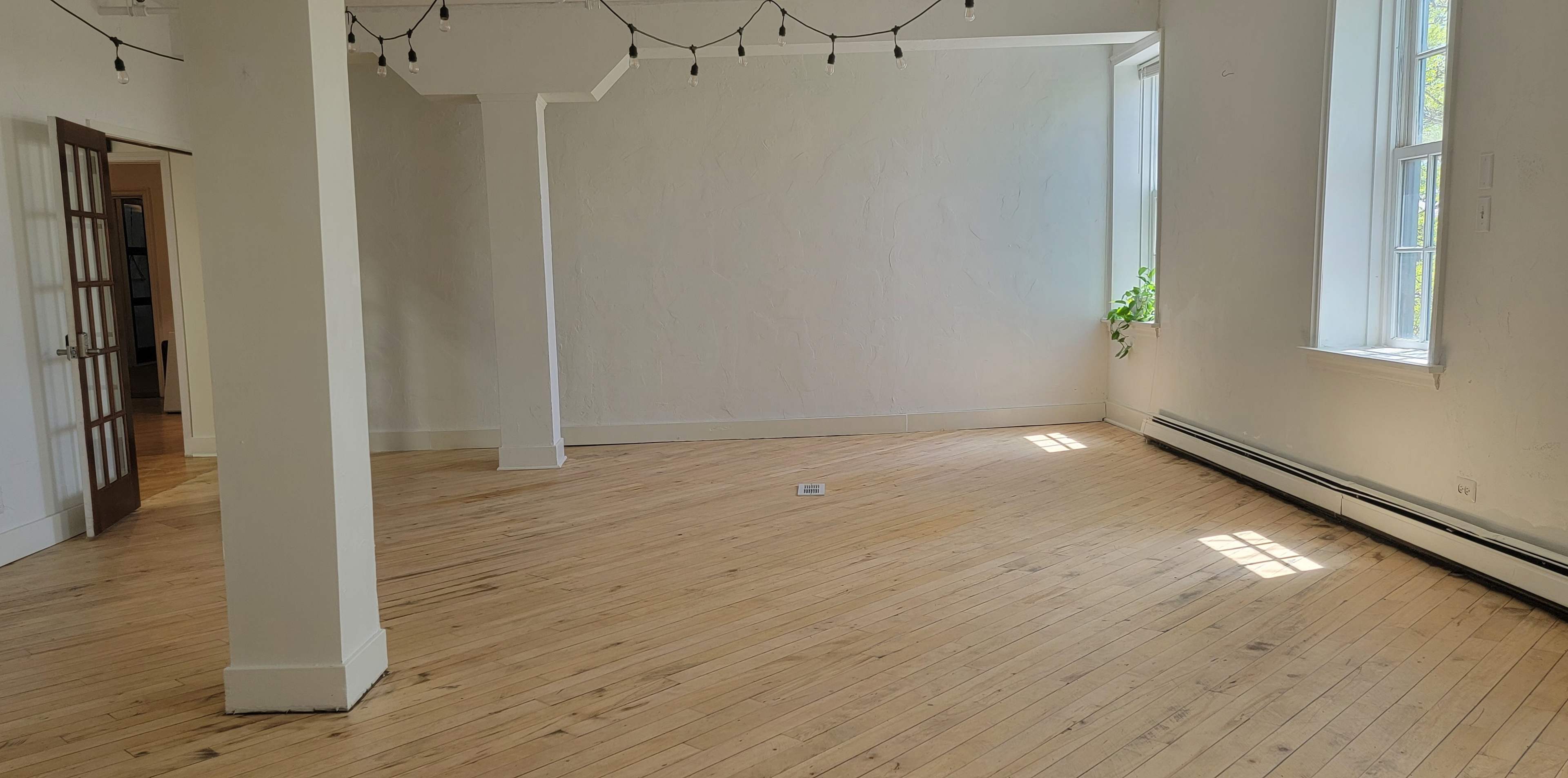 The image shows a spacious room with light wood flooring, white walls, and two windows, one of which has a plant in the sill.